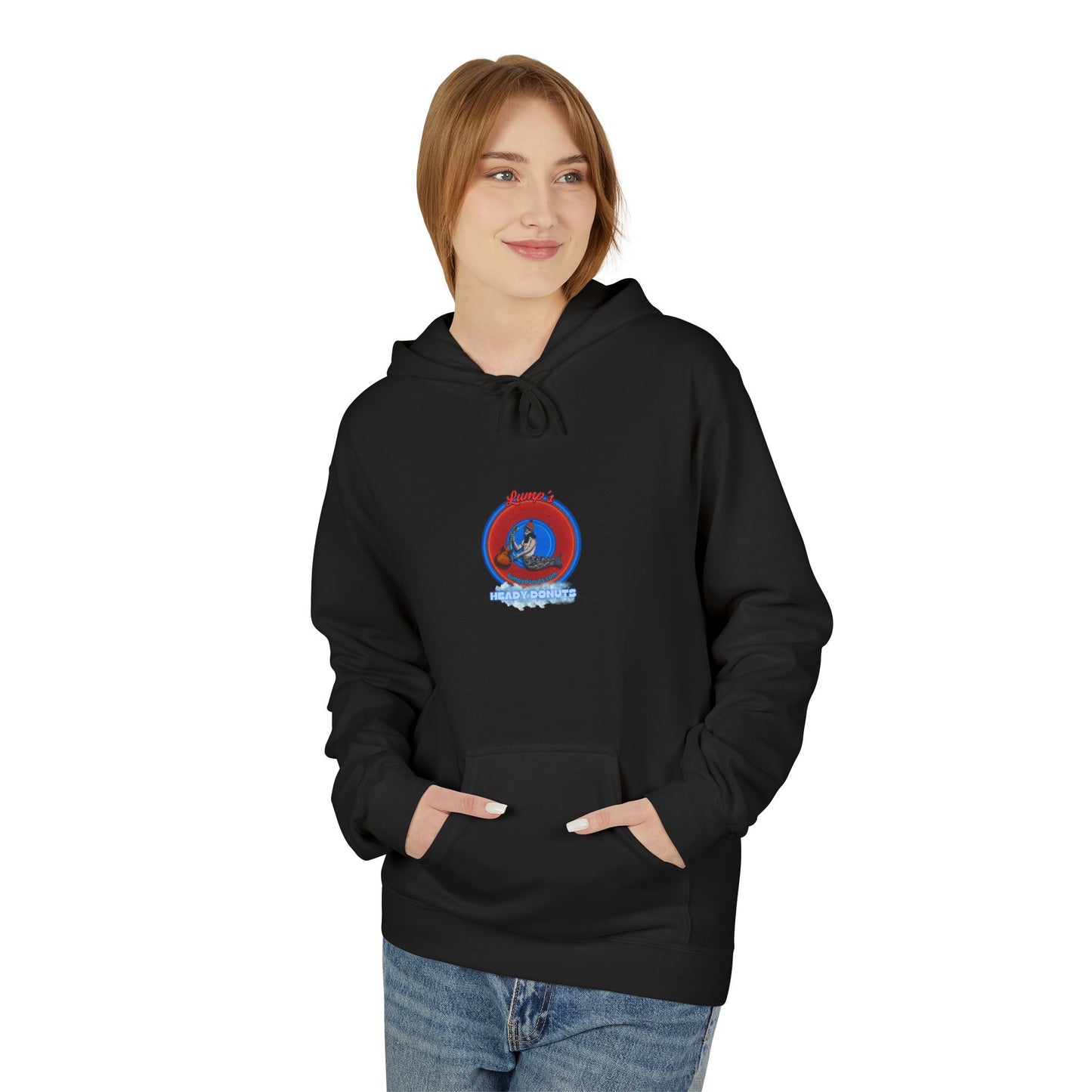 Unisex Fleece Hoodie - [Midweight Soft-style] - "Lump's Heady Logo" - w/rustic red donuts