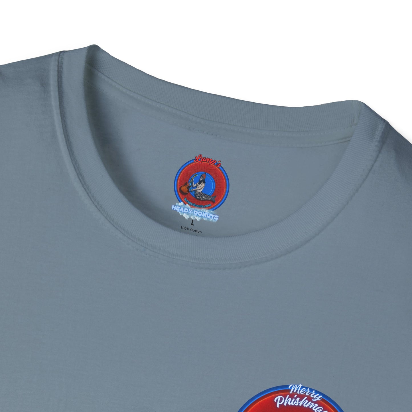 Classic Donut Tee - Unisex Soft-Style - "Phishmas Caroler's Tee " - vivid red/blue donut - variant 2