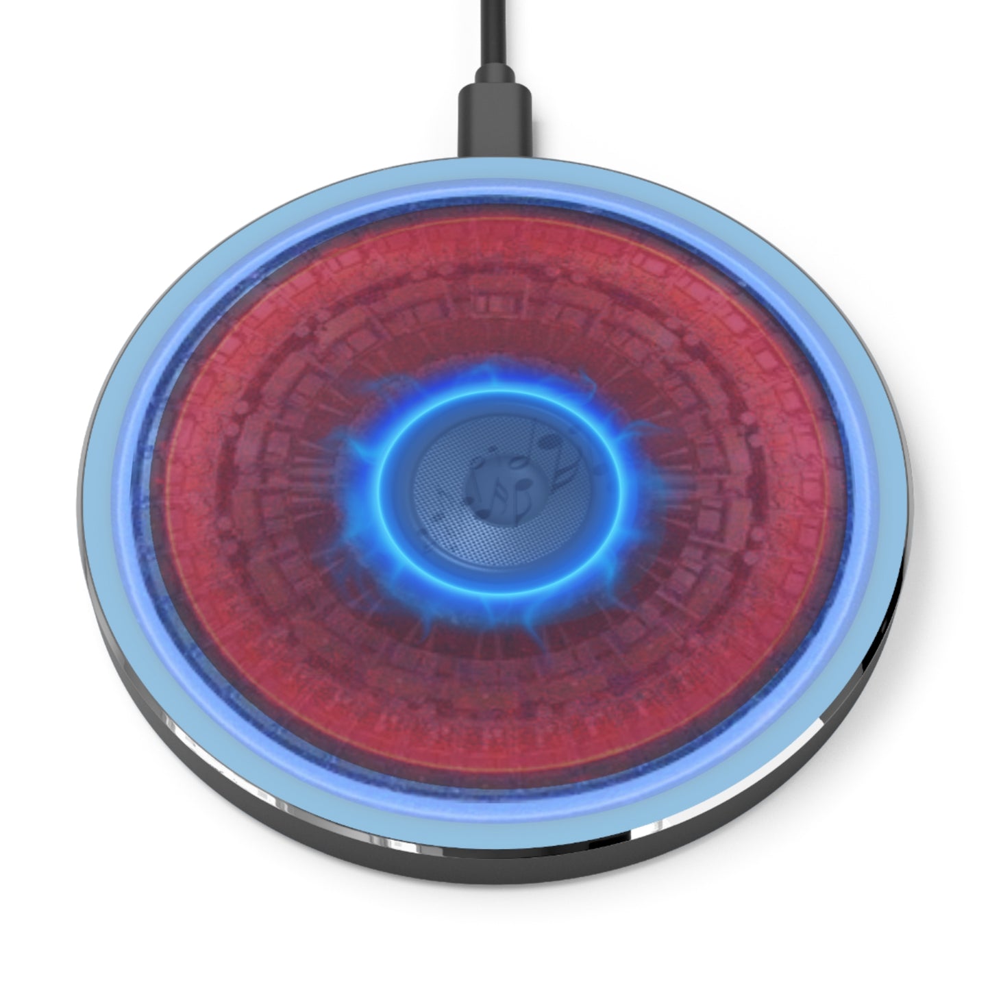 The Flow - Wireless Lumpy Donut Chargers - "Homer's Perfect Wireless Donut Charger" - vivid red/blue tube donut w/sky blue background - variant 1