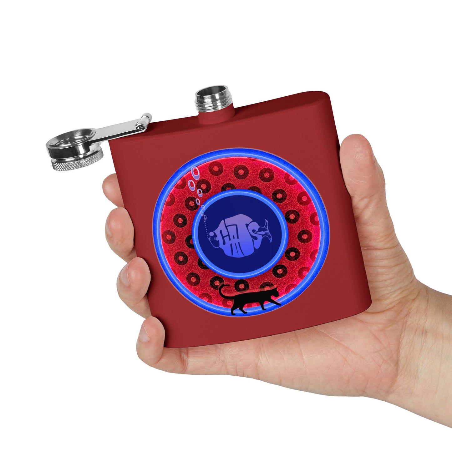 Lump's Donut Flask 6 oz -  red/blue widemouthed paradox donut - [*w/your choice of 6 backgrounds]