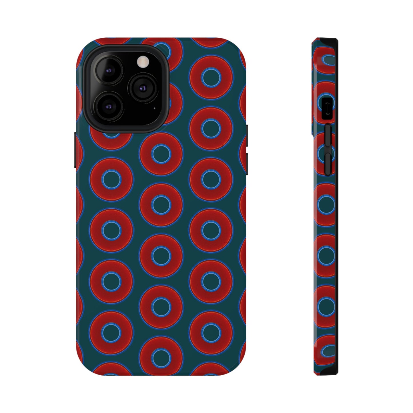 Impact-Resistant Lumpy Donut Case - red vivid donut print w/midnight green background