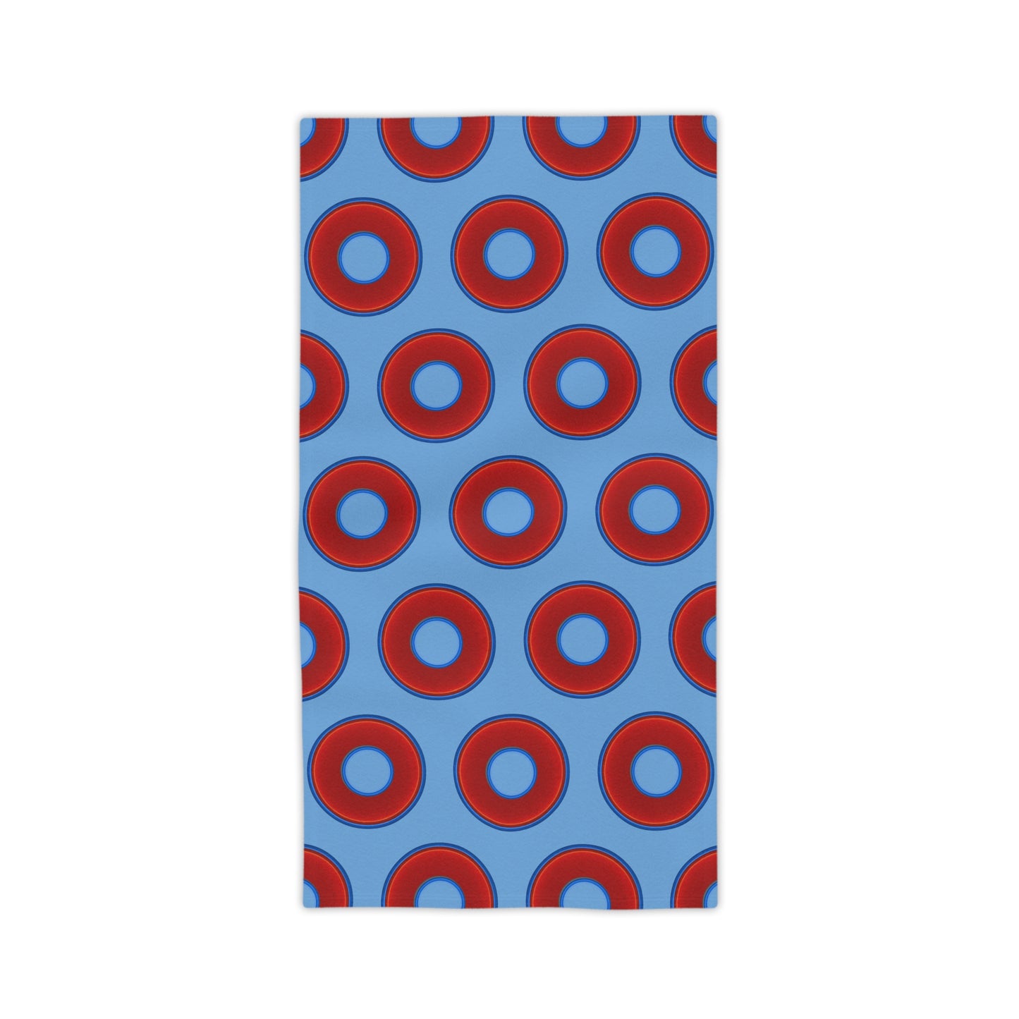 Lumpy Donut Towels - vivid red donuts w/light blue background