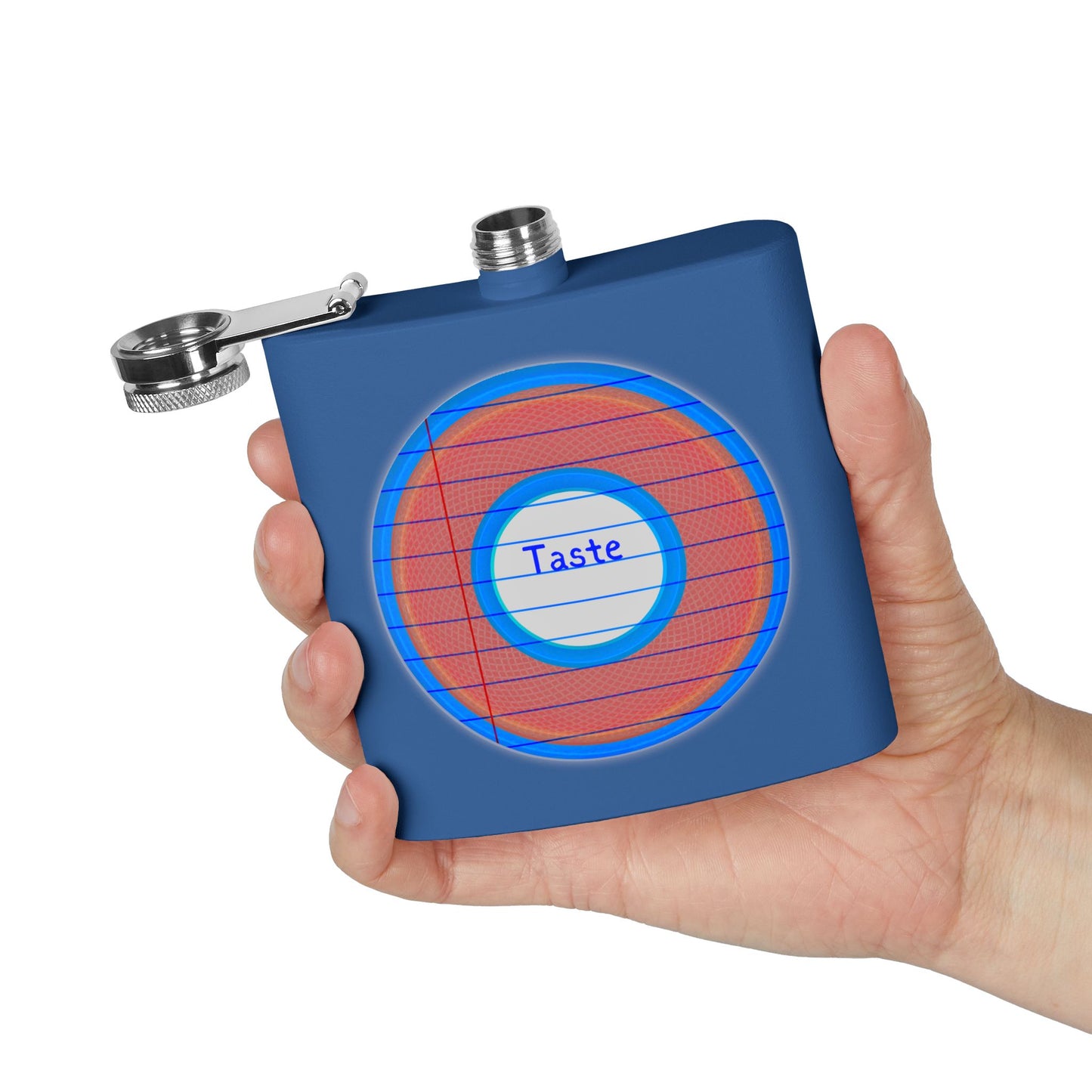 Lump's Donut Flask 6 oz -  "Tasty Flask Donut" - red/blue rustic donut - [*w/your choice of 6 backgrounds]