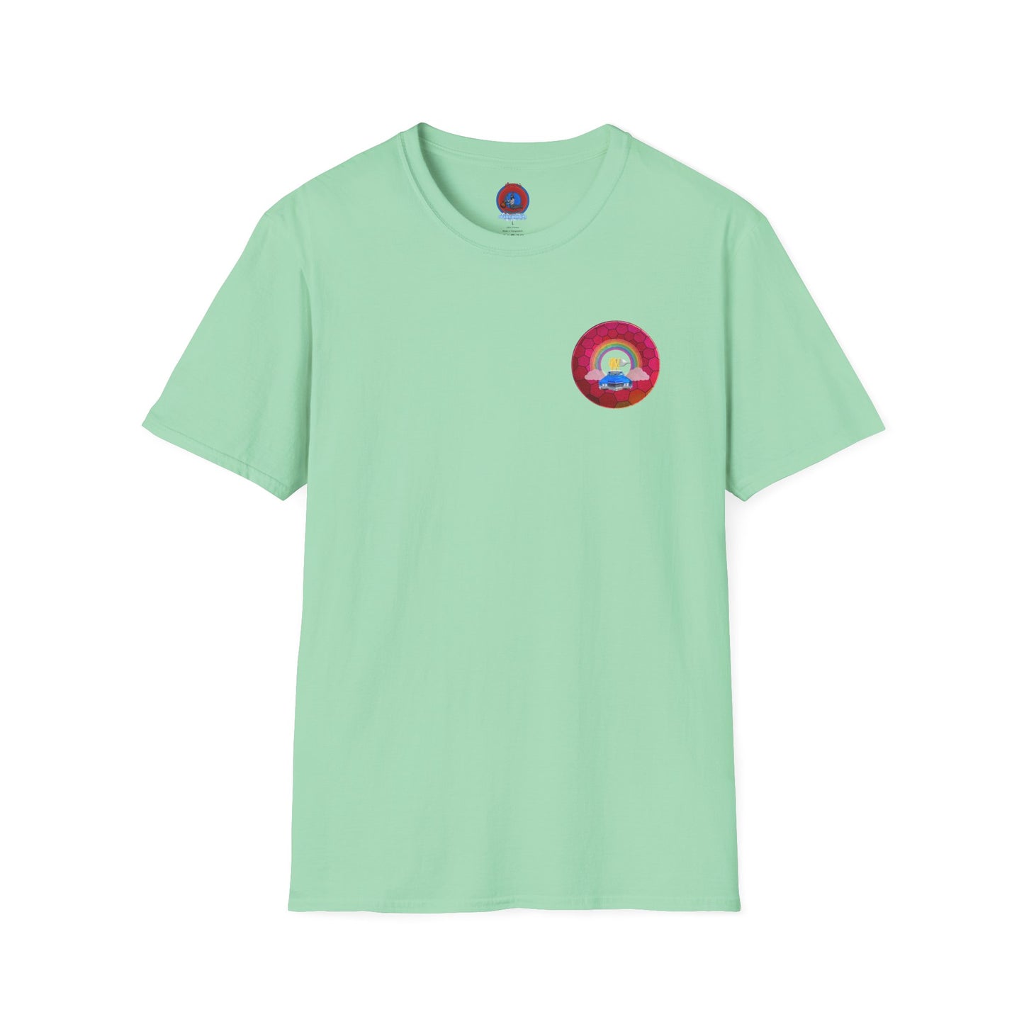 Classic Donut Tee - Unisex Soft-Style - "Cadillac Rainbows Donut Tee " - variant 2 - magenta hexadonut w/blue caddy