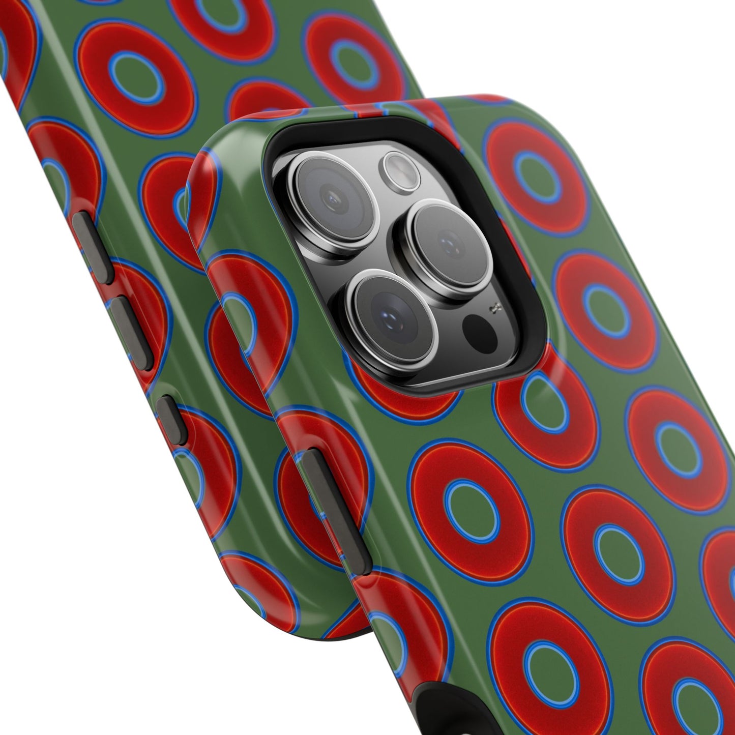 Impact-Resistant Lumpy Donut Case - red vivid donut print w/dark green background
