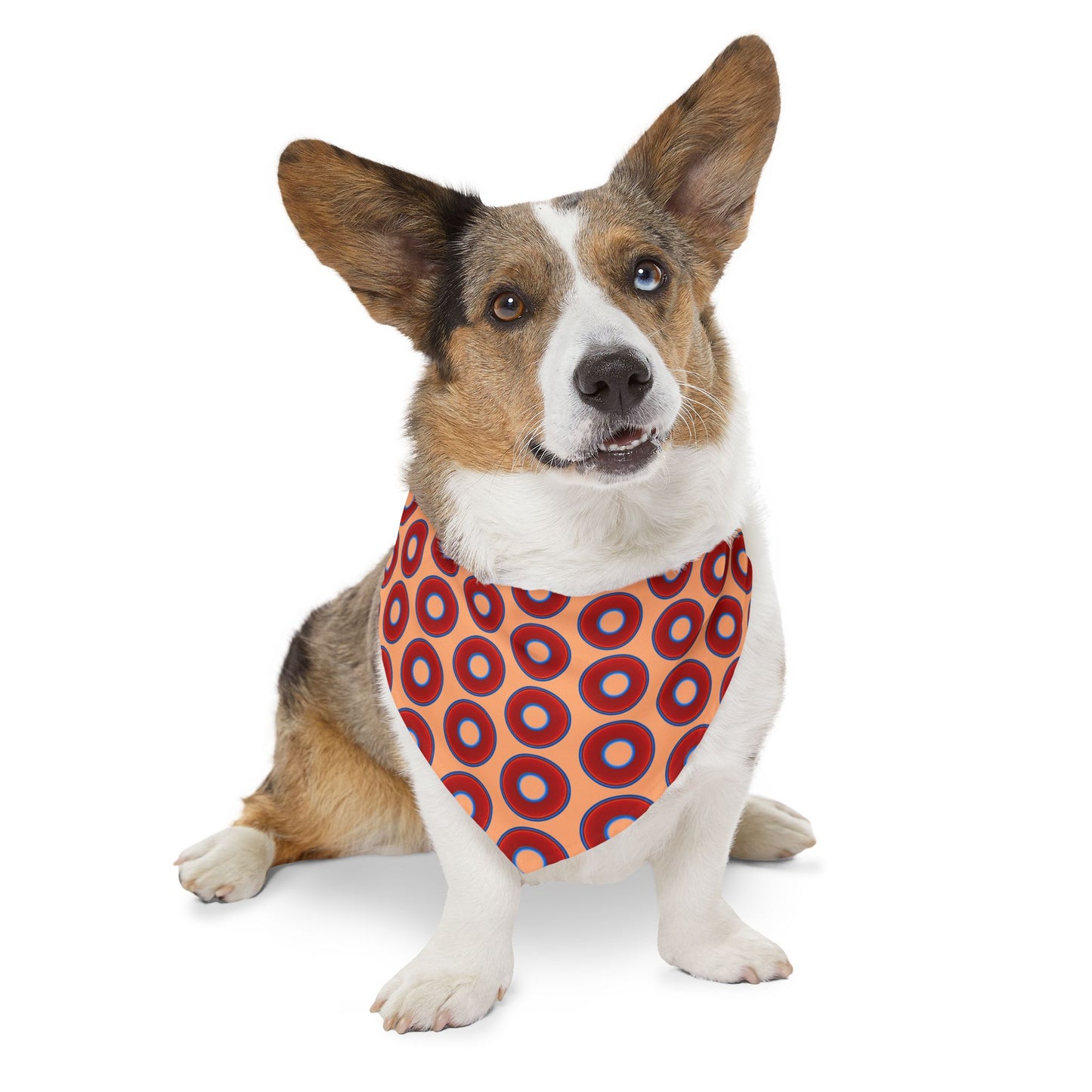 Jim's Lumpy Bandana Pet Collar - vivid red donuts w/peach background
