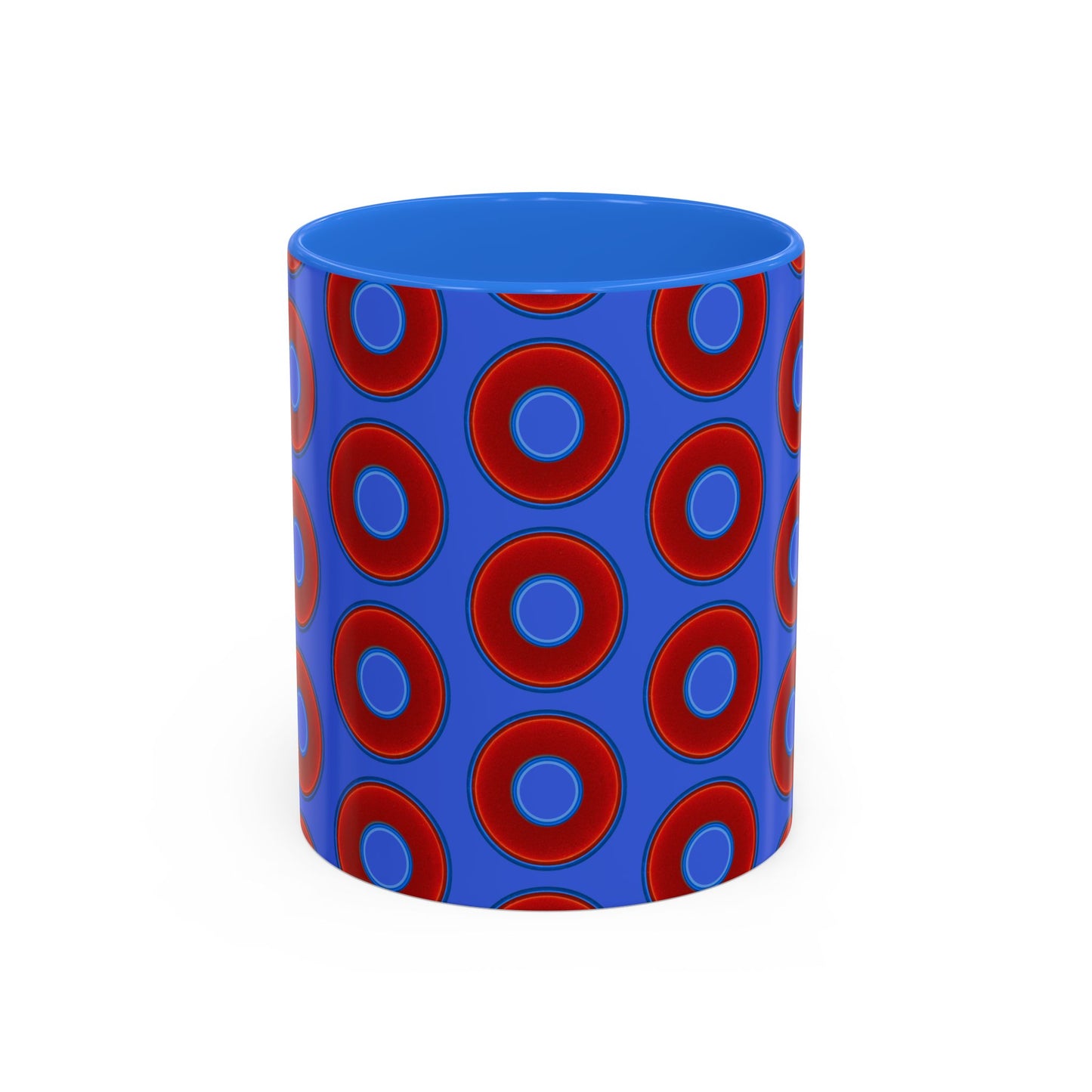 Lump's Grumpy Coffee Mug - vivid red donuts w/royal blue background
