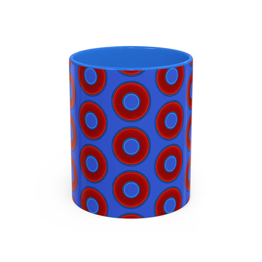 Lump's Grumpy Coffee Mug - vivid red donuts w/royal blue background