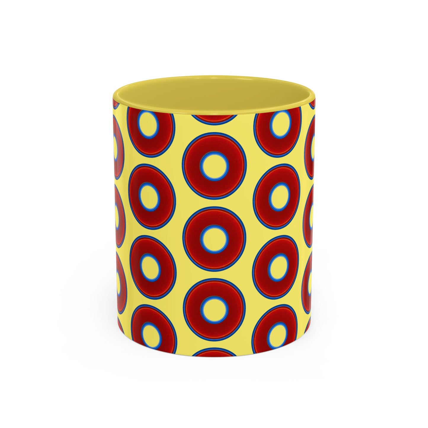 Lump's Grumpy Coffee Mug - vivid red donuts w/yellow background