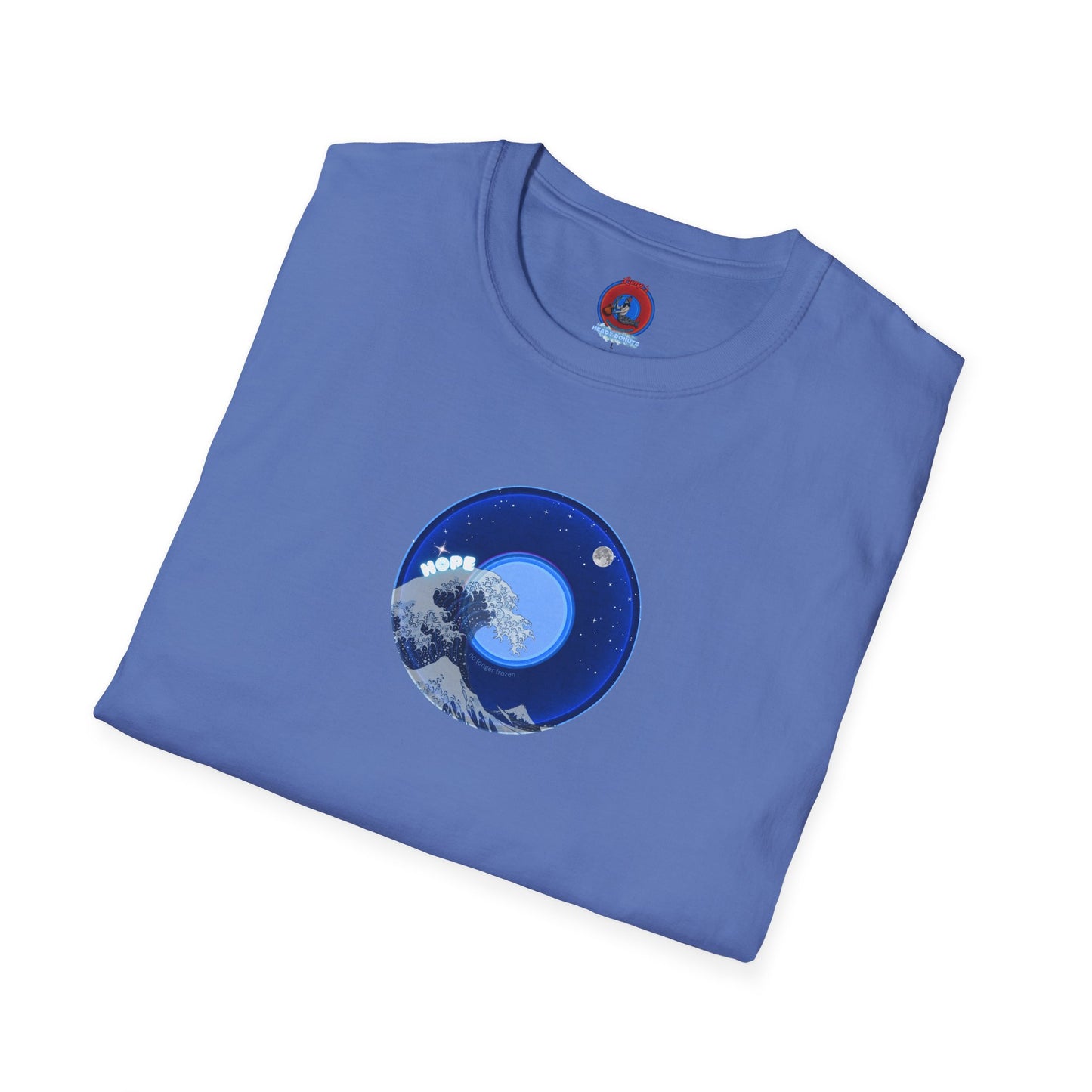 Classic Donut Tee - Unisex Soft-Style - "The Hopeful Waving Donut" - variant 2 - vivid blue donut