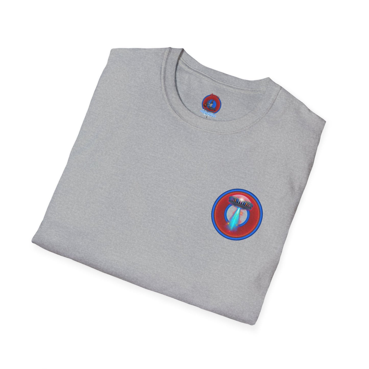 Classic Donut Tee - Unisex Soft-Style - "Donuts now Served on the Mothership" - red/blue donut