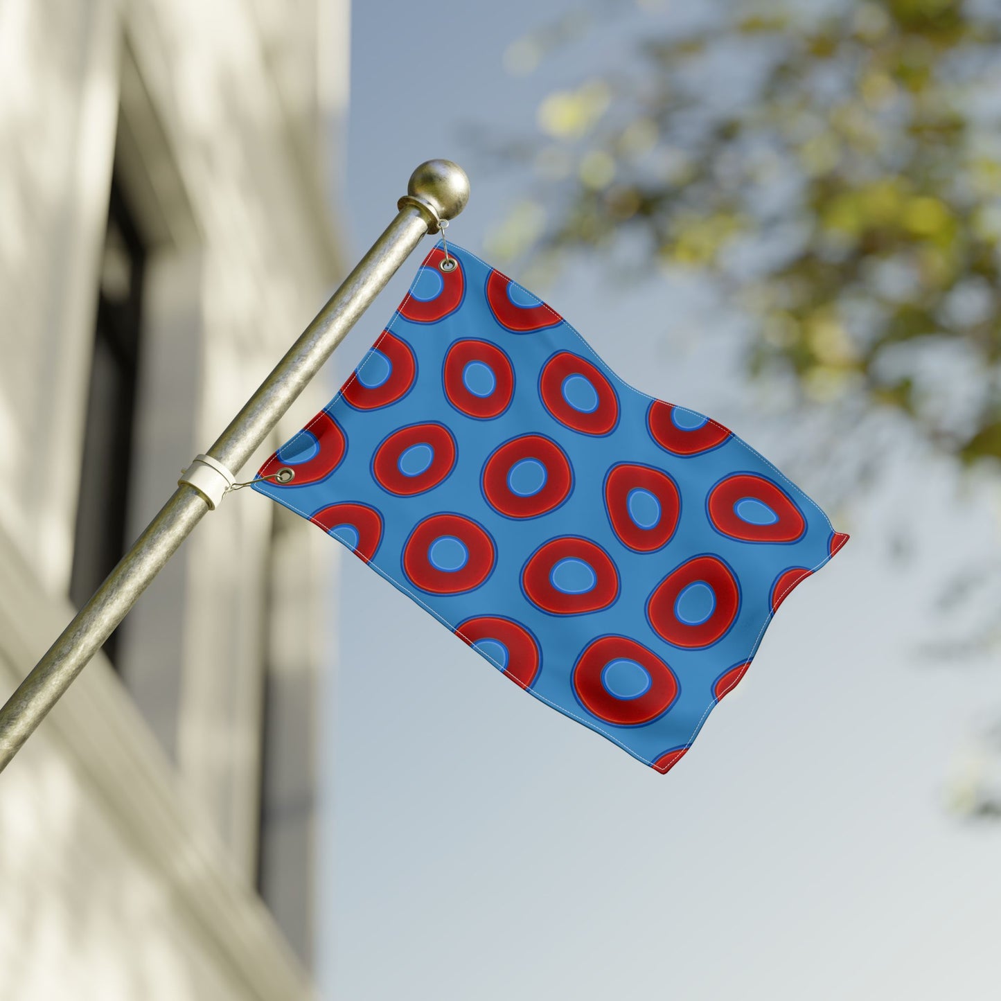 Lumpy Flagpole Sitters - Donut Flags [12" x 18"] - red vivid donut print w/light steel blue background