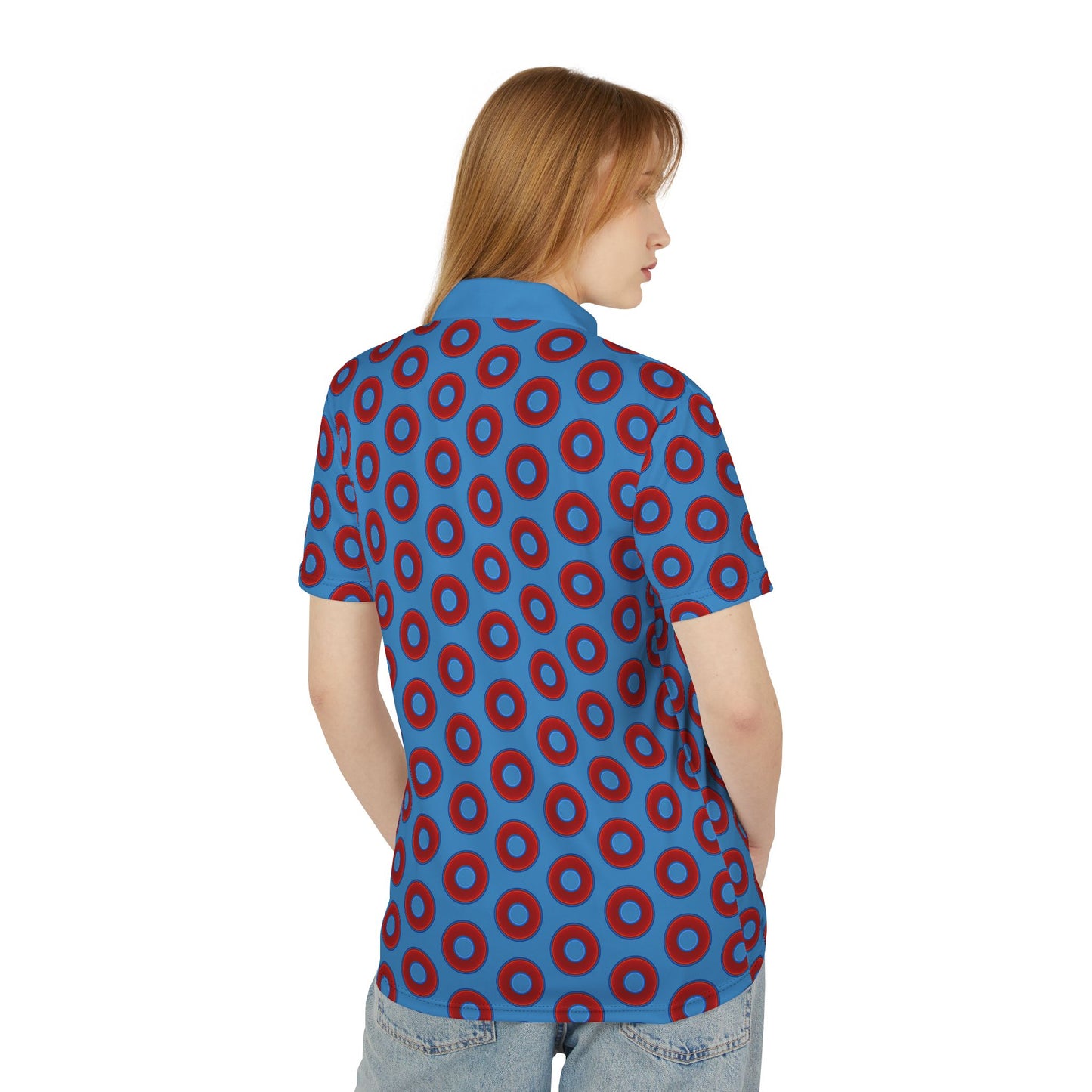 AOP Donut Polo - vivid donut print w/light steel blue background [unisex]