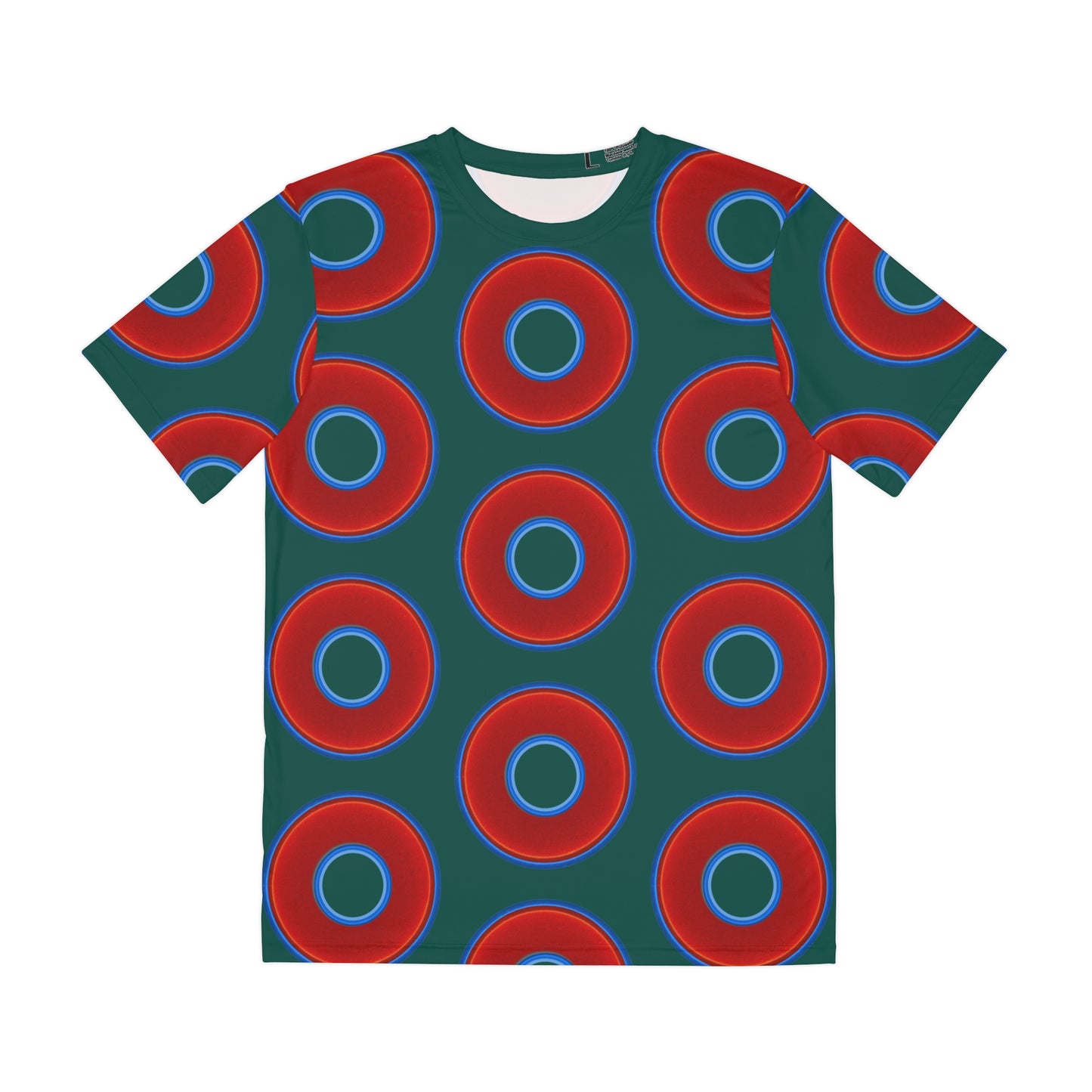Multi-Beastie Giant Donut AOP Polyester Tee - red vivid donut print w/dark Fenway green background