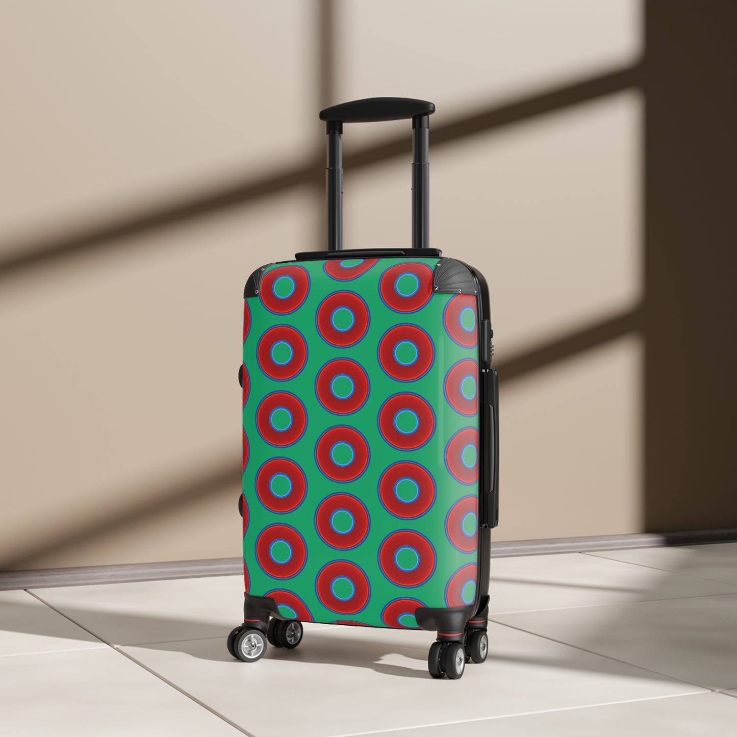 The Very Lumpy Donut Suitcase series - your choice of S, M or L - vivid red donut print w/jade green background