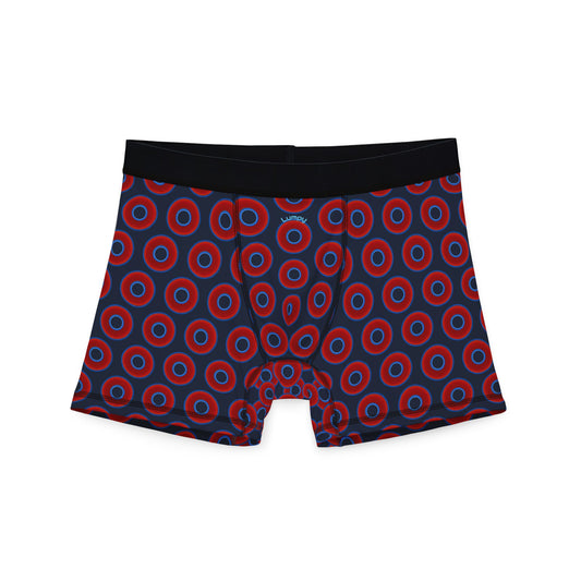Men's Donut Boxers - red vivid donuts w/dark teal blue elite background