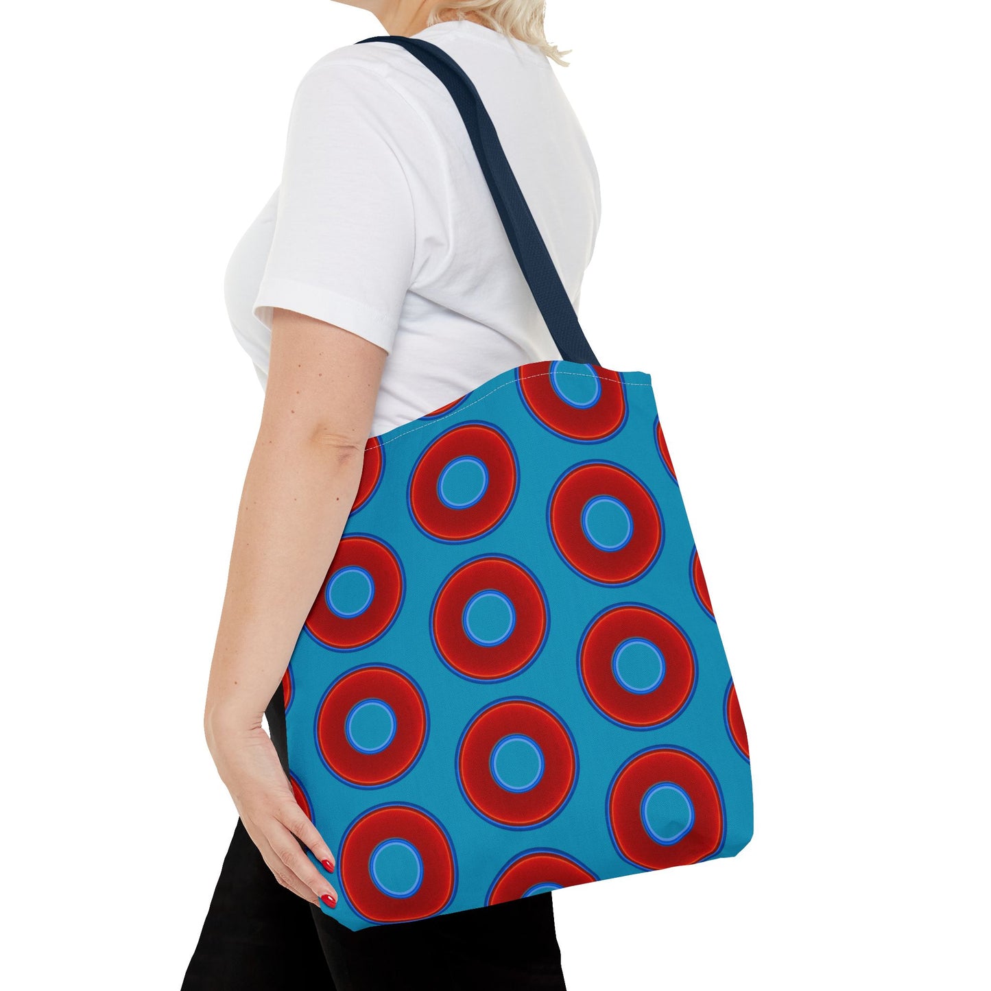 Lumpy Beach/Tote Bag - red vivid donuts w/aquamarine blue background
