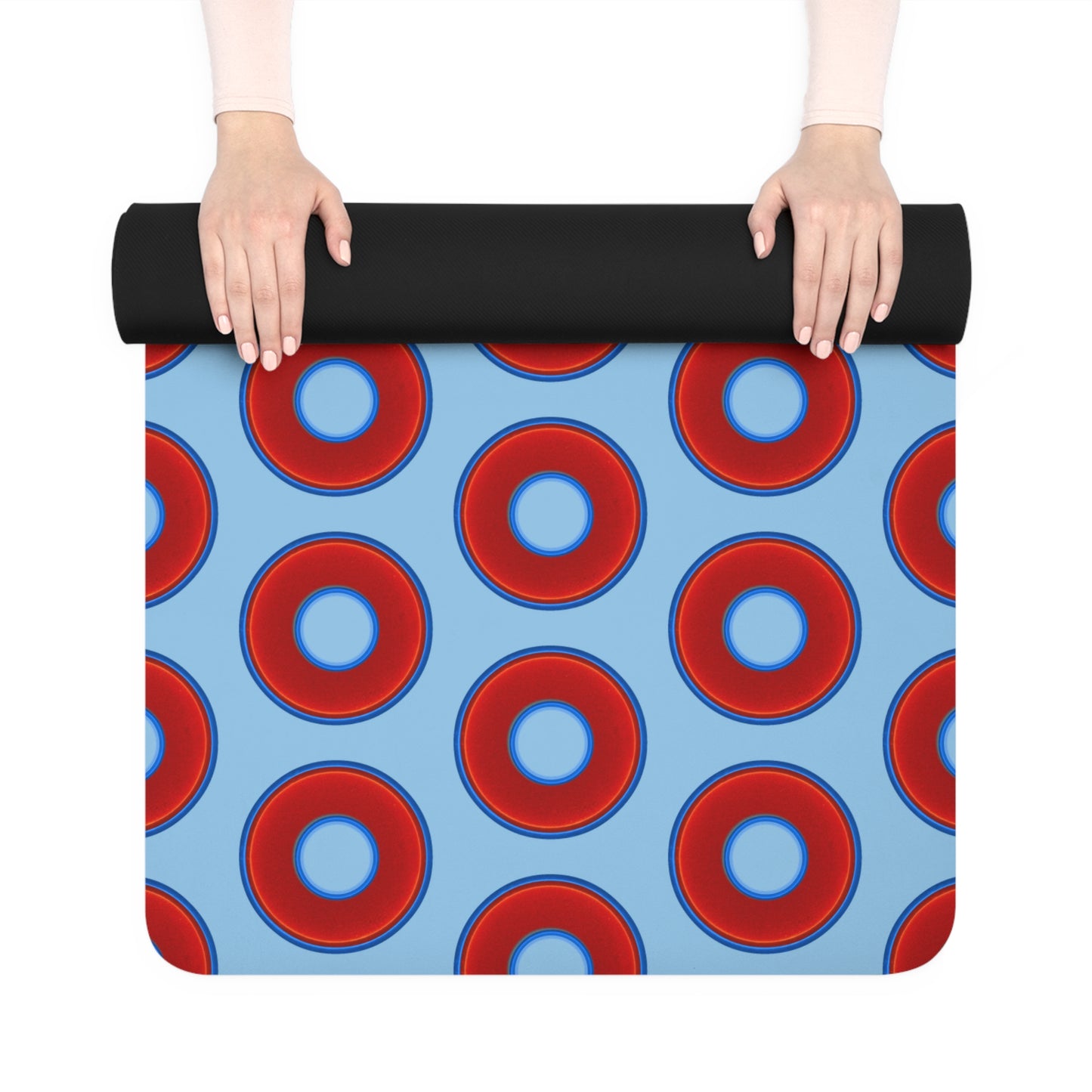 Lumpy Donut Yoga Mat :) - 24″ x 70" - vivid red donut print w/light sky blue background