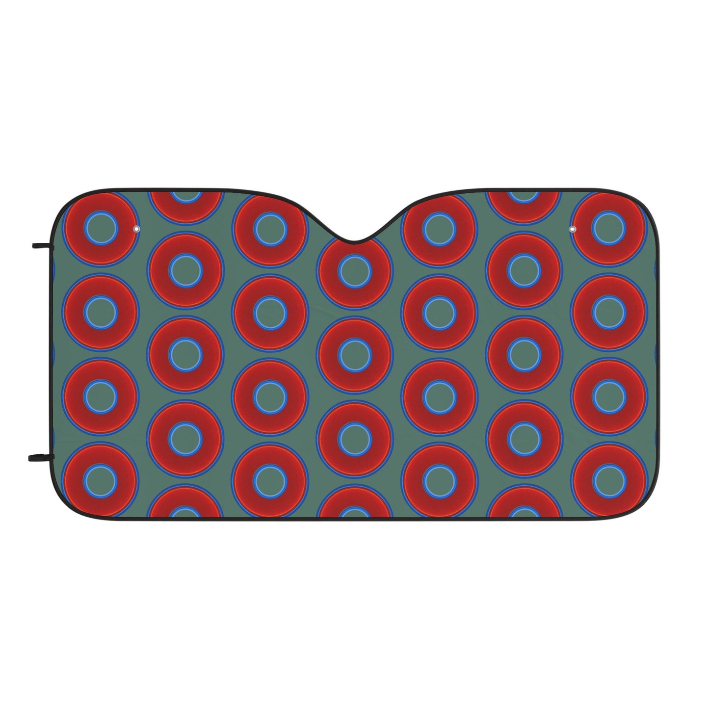 Automotive Donut Sun Shade - red vivid donuts w/Fenway green background