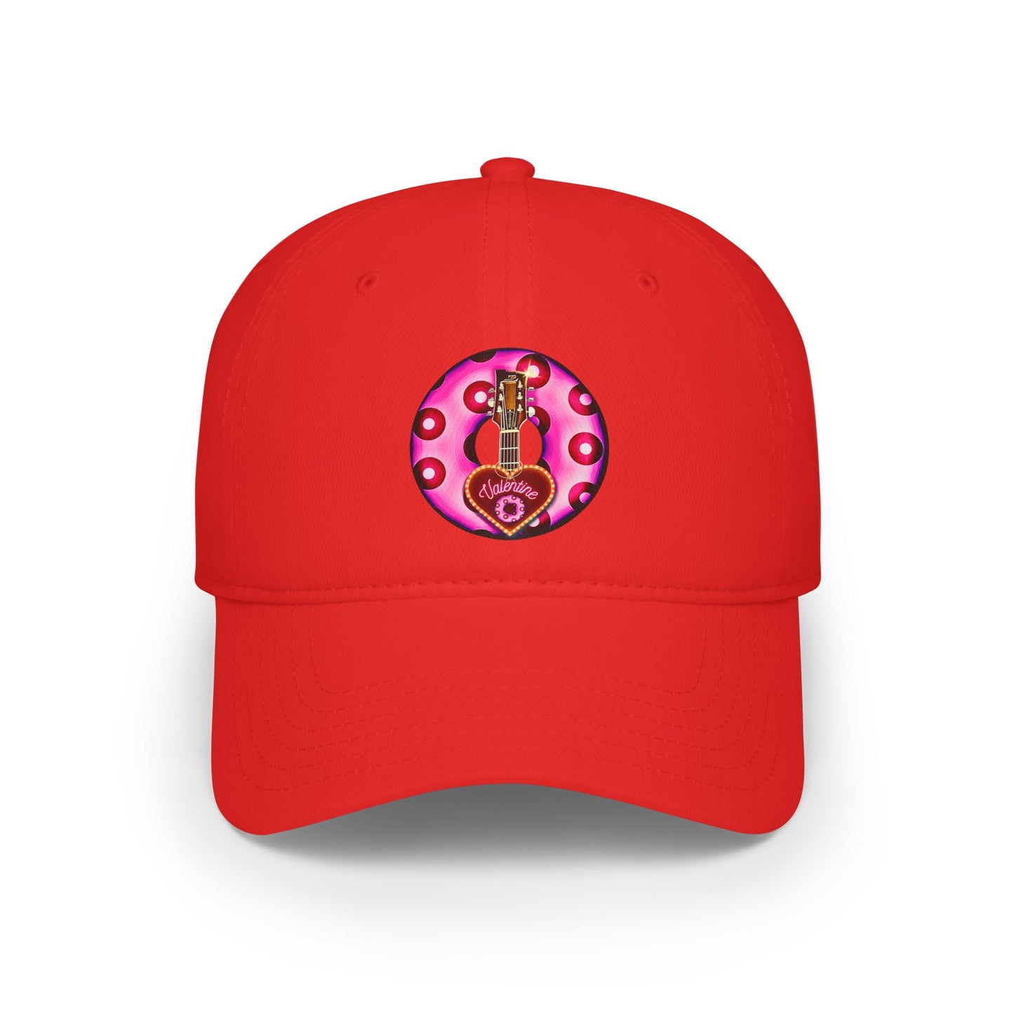 Lumpy Donut Baseball Cap - "Would You Be My Donut?" - paradoxical bright magenta/red blimpy donut w/ - variant 2