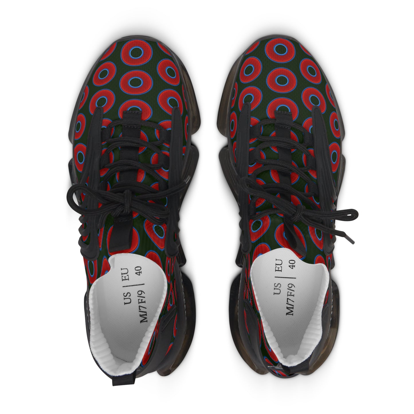Women's Donut Kicks - red vivid donut print w/deep forest green background
