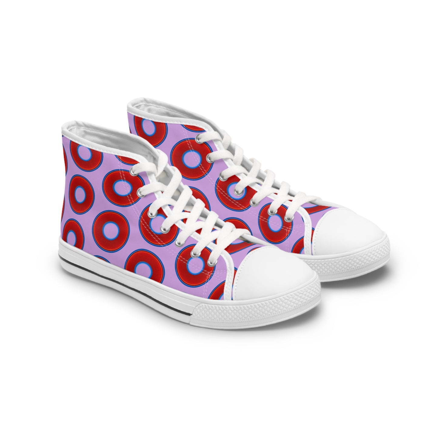 Women's High Top Chuck Taylors - large vivid red donut print w/wisteria purple background