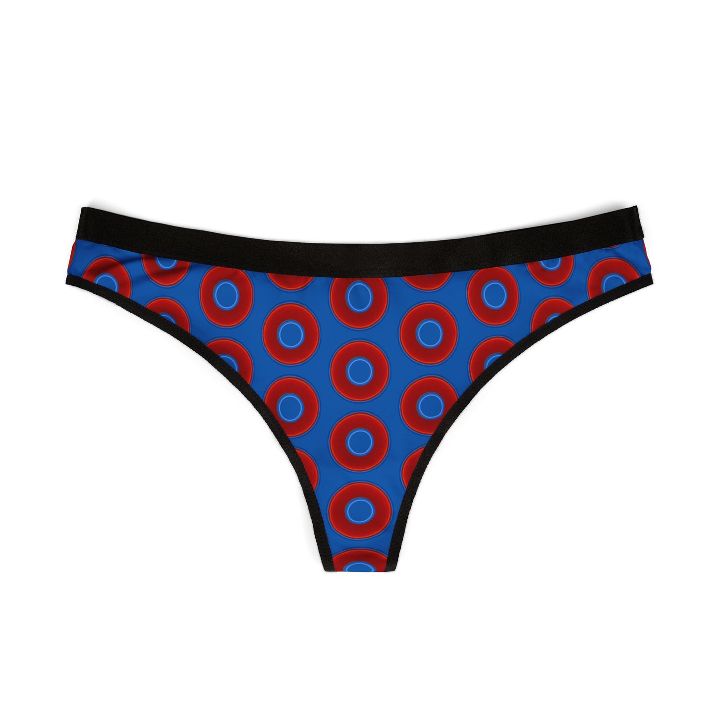 Lumpy Donut Thongs - red vivid donut print w/dark royal blue background