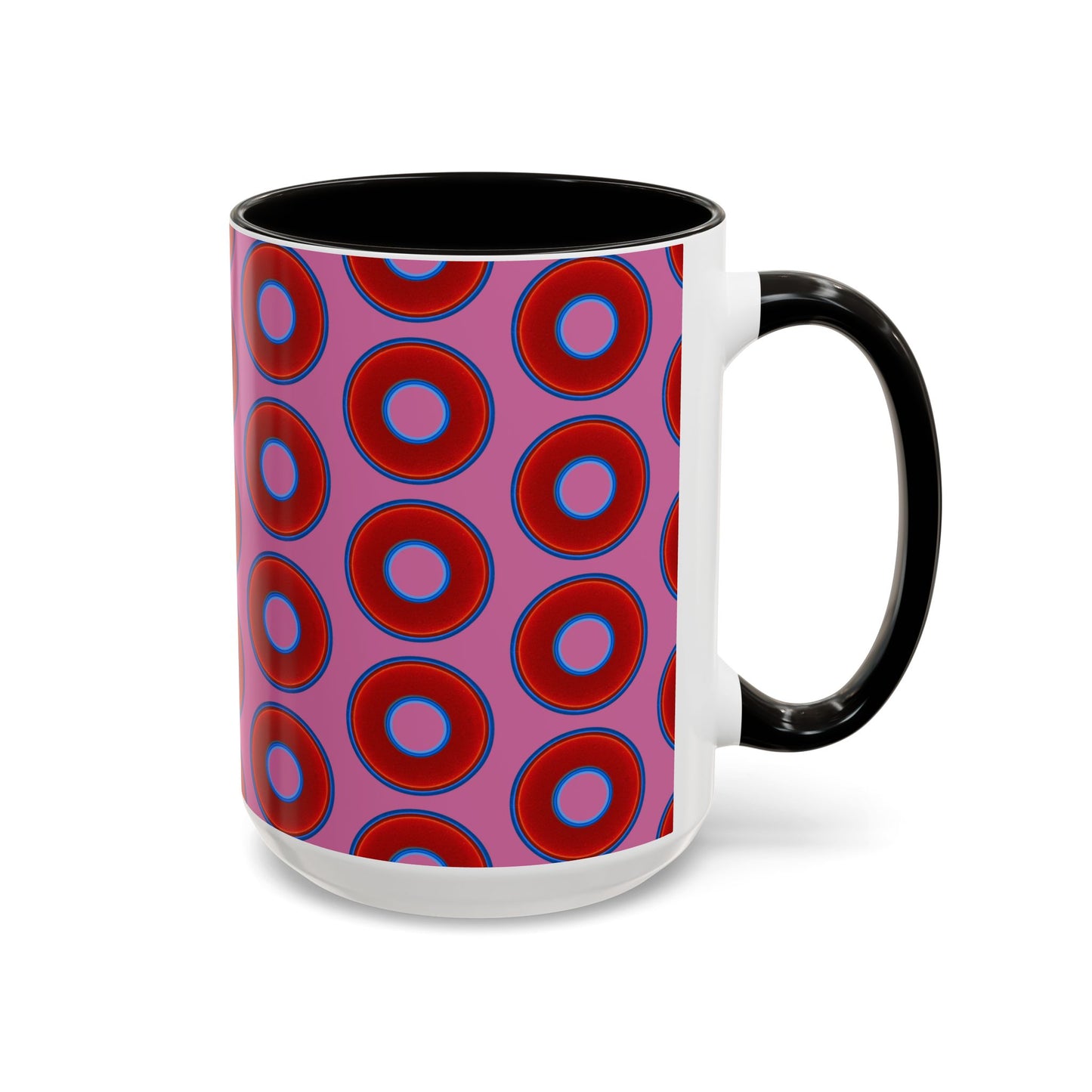 Lump's Grumpy Coffee Mug - vivid red donuts w/pink background