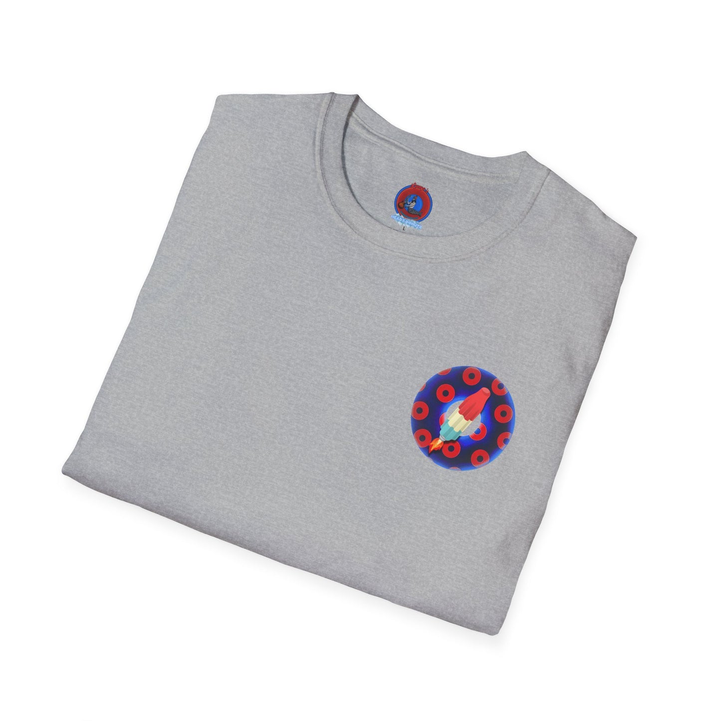 Classic Donut Tee - Unisex Soft-Style - "Blow this Popsicle Stand" - blue/red paradox bomb pop donut - variant 1