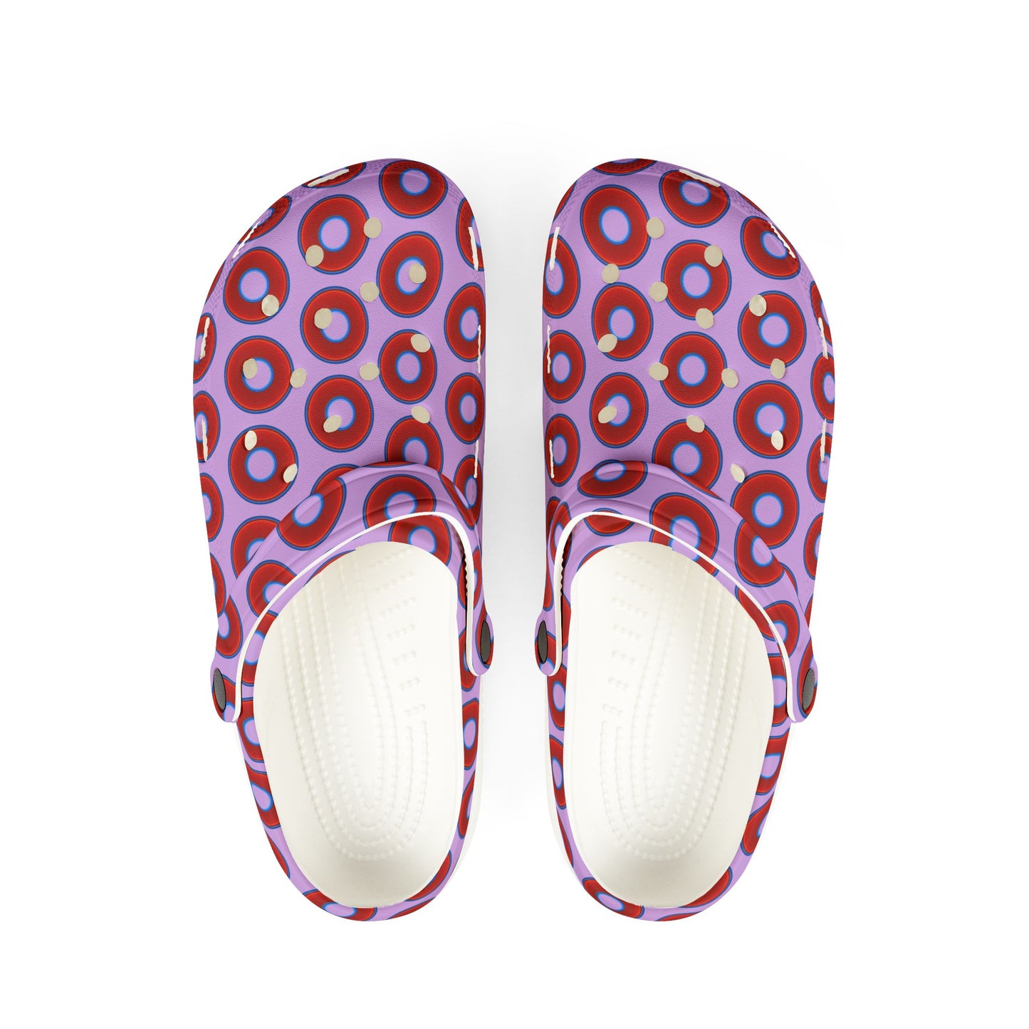 Spatchcocks - donut slip-on shoes - vivid red donuts w/wisteria purple background [unisex]