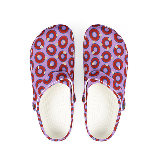 Spatchcocks - donut slip-on shoes - vivid red donuts w/wisteria purple background [unisex]