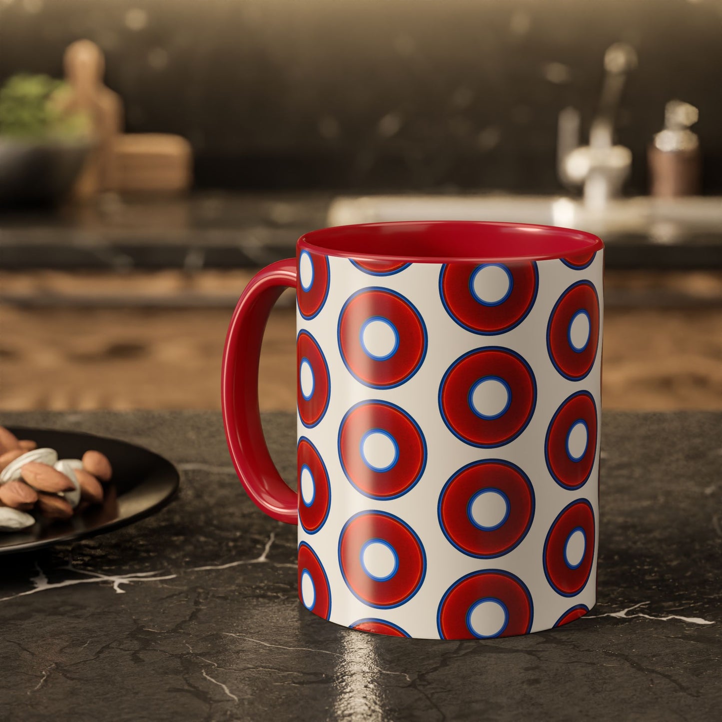 Lump's Grumpy Coffee Mug - vivid red donuts w/white background