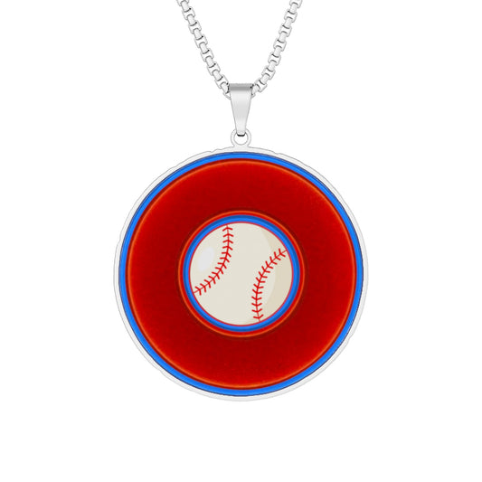 Lump's Heady Donut Necklace - 1" x 1" Stainless Steel Pendant - "Phenway Ballpark Donuts" - vivid red baseball donut - variant 5