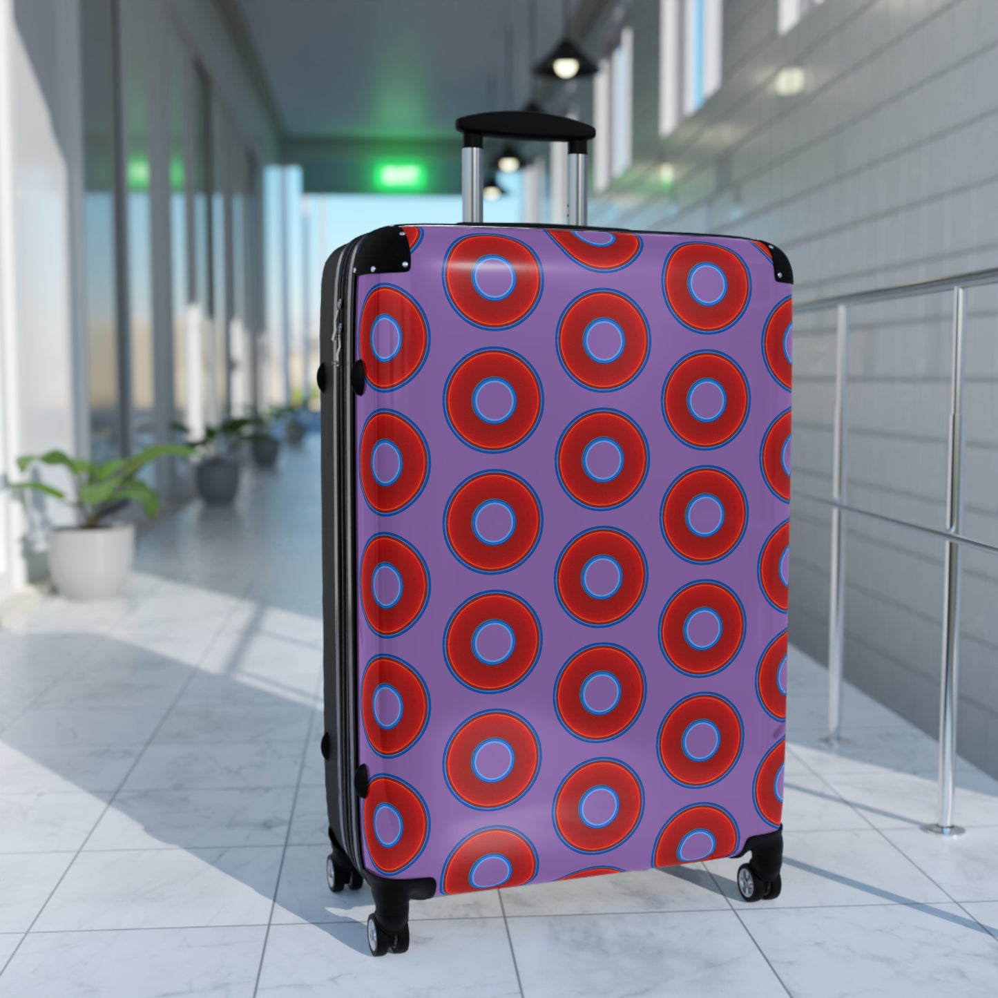 The Very Lumpy Donut Suitcase series - your choice of S, M or L - vivid red donut print w/light purple background