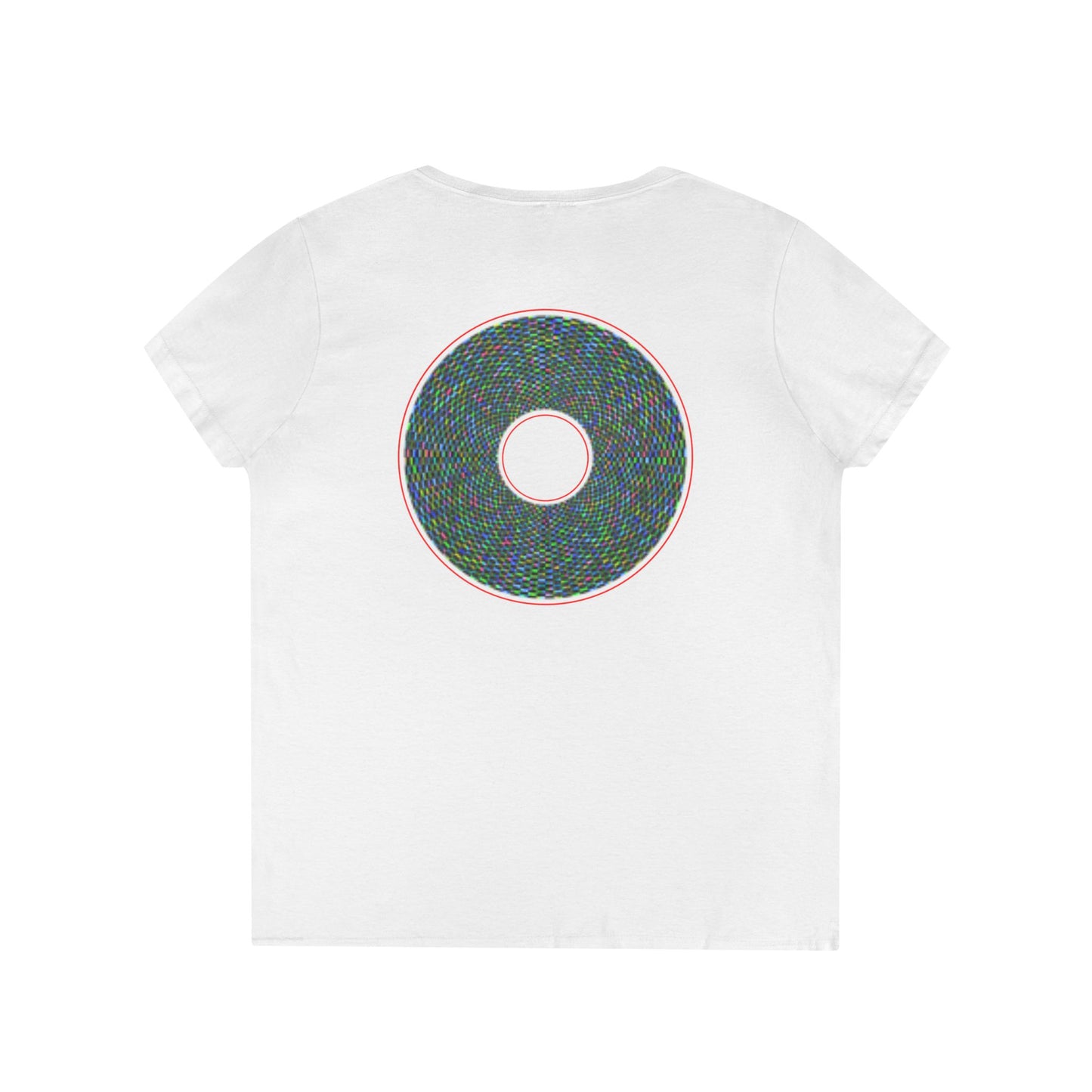 Women's Donut V-Neck Tee - "The Pixilated Donut" - multicolor pixel donut w/wide red outline