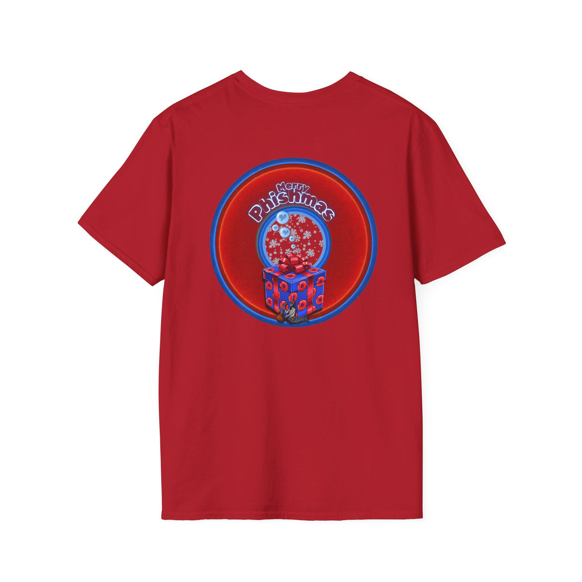 Classic Donut Tee - Unisex Soft-Style - "Phishmas Caroler's Tee " - vivid red/blue donut - variant 3