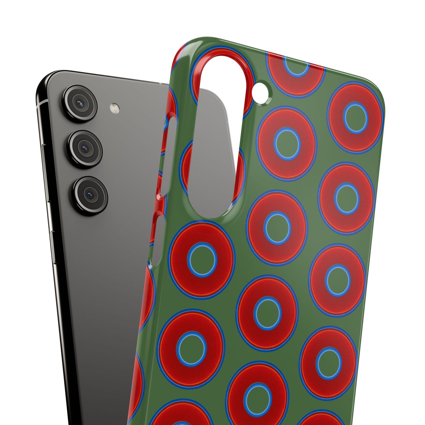 Lumpy Donut Snap Case - red vivid donut print w/dark green background