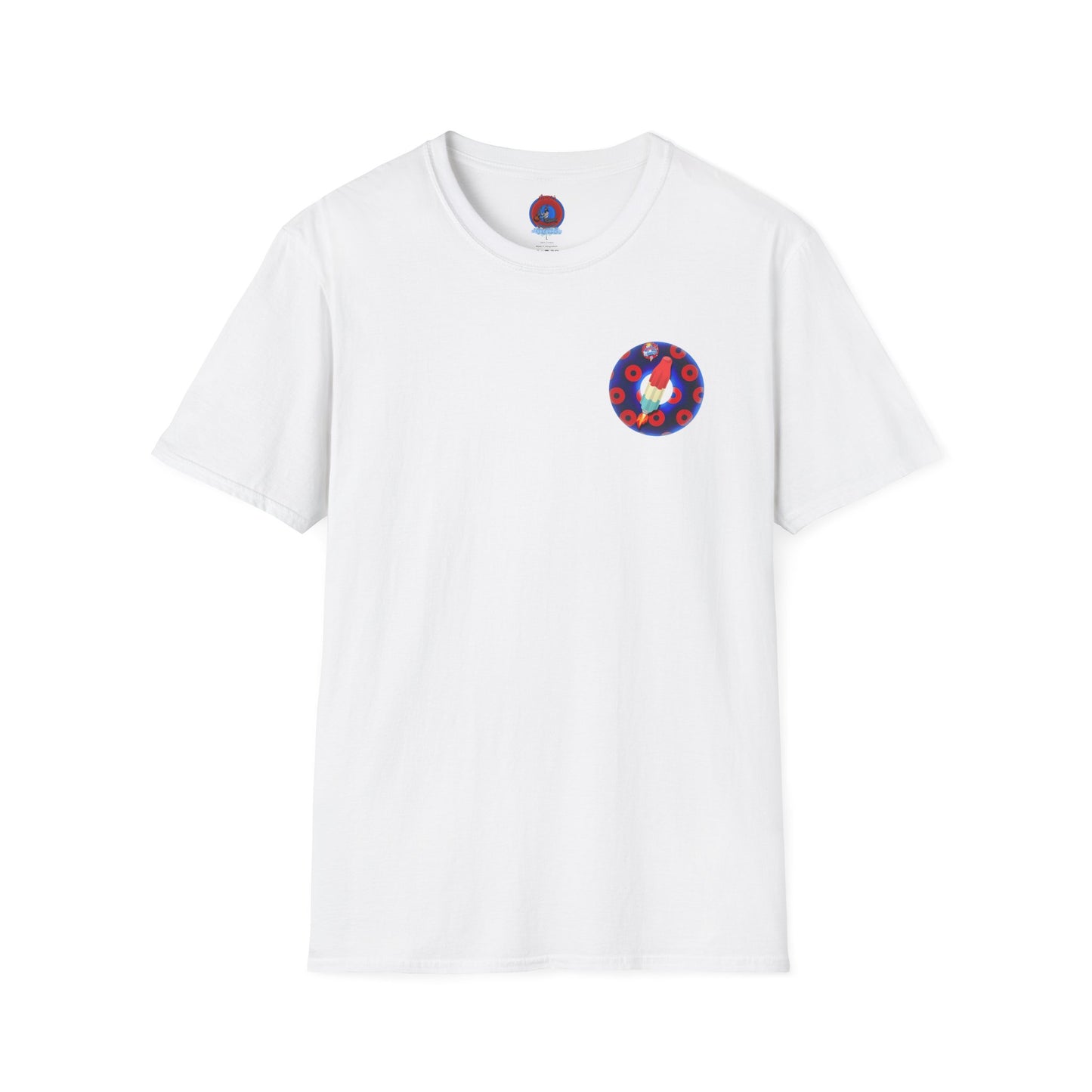 Classic Donut Tee - Unisex Soft-Style - "Blow this Popsicle Stand" - blue/red paradox bomb pop donut - variant 2