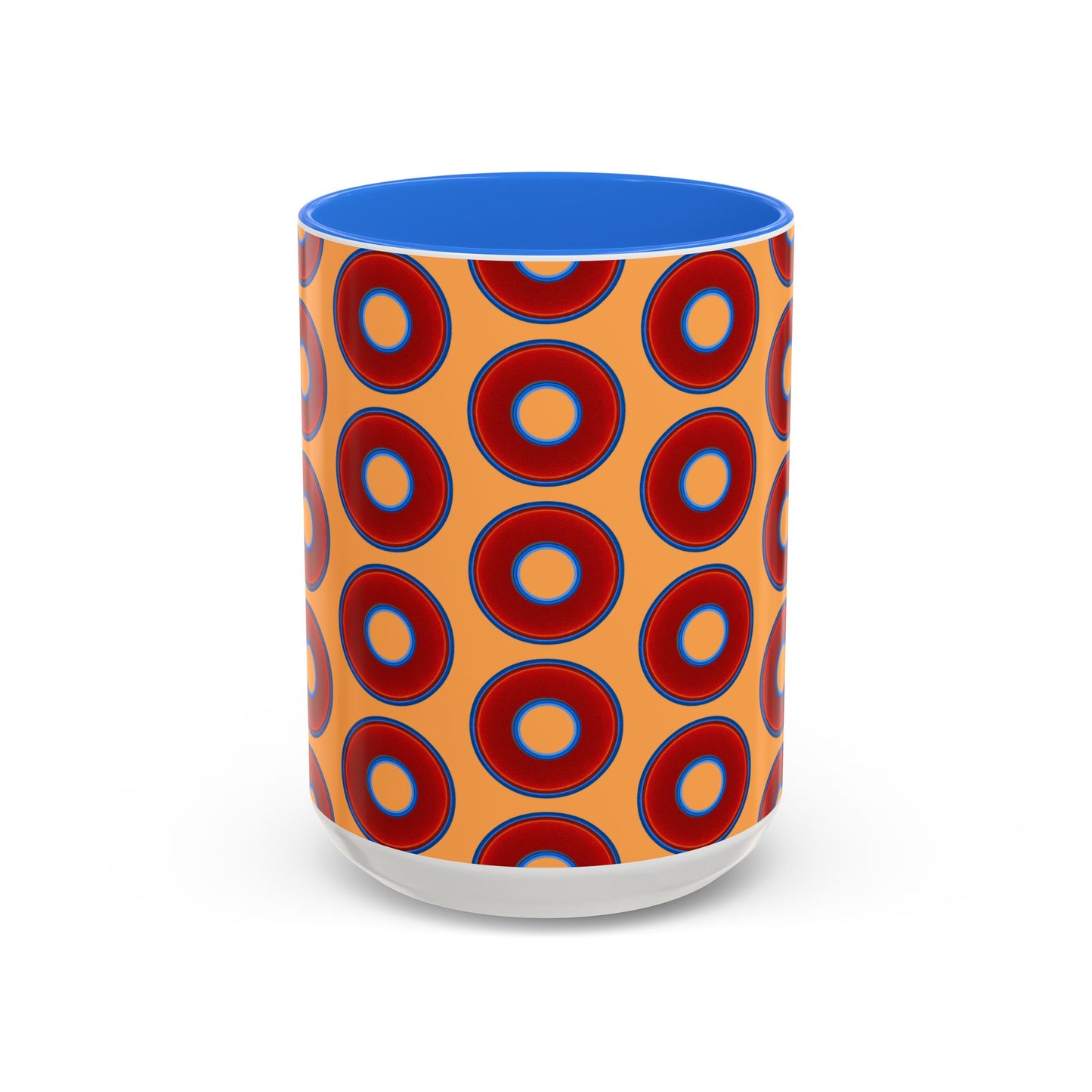 Lump's Grumpy Coffee Mug - vivid red donuts w/creamsicle orange background