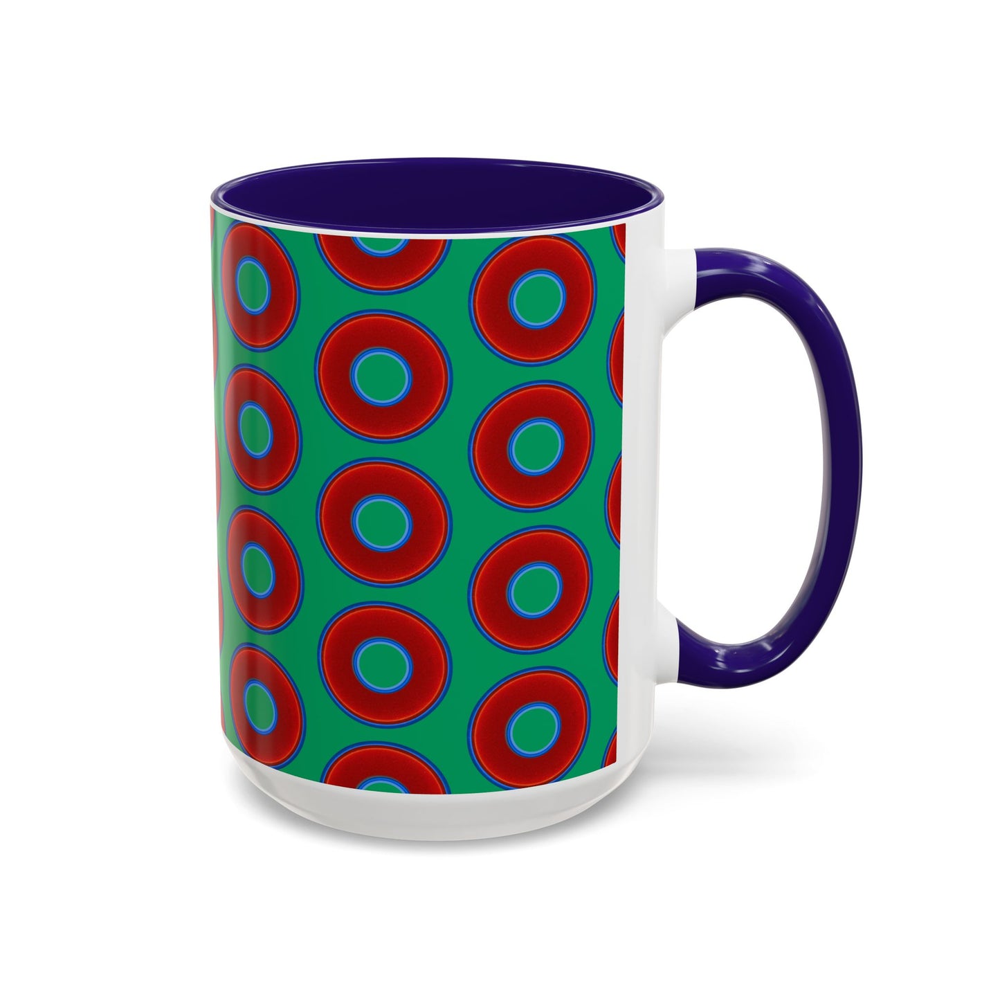 Lump's Grumpy Coffee Mug - vivid red donuts w/jade green background