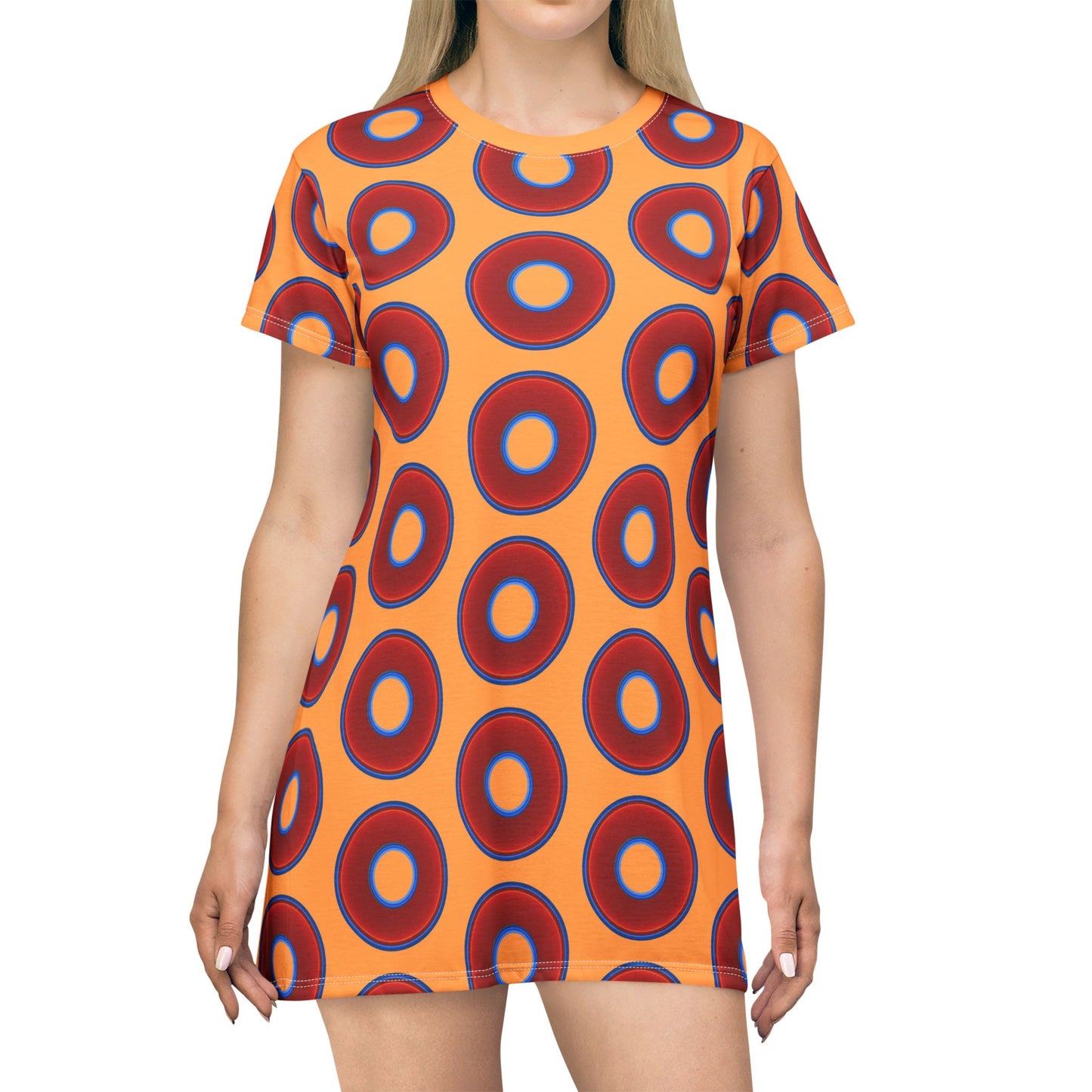 Not a Muumuu AOP Tee Shirt Dress - red vivid donuts w/creamsicle orange background