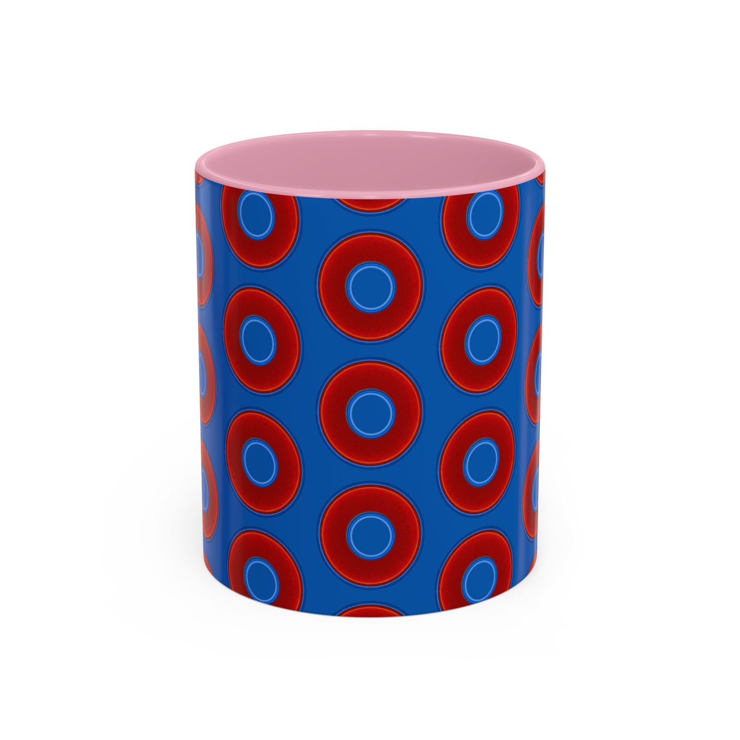 Lump's Grumpy Coffee Mug - vivid red donuts w/dark royal blue background