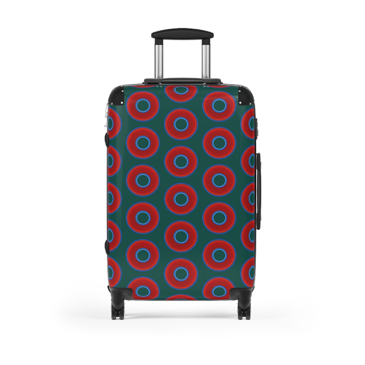 The Very Lumpy Donut Suitcase series - your choice of S, M or L - vivid red donut print w/grayish green background