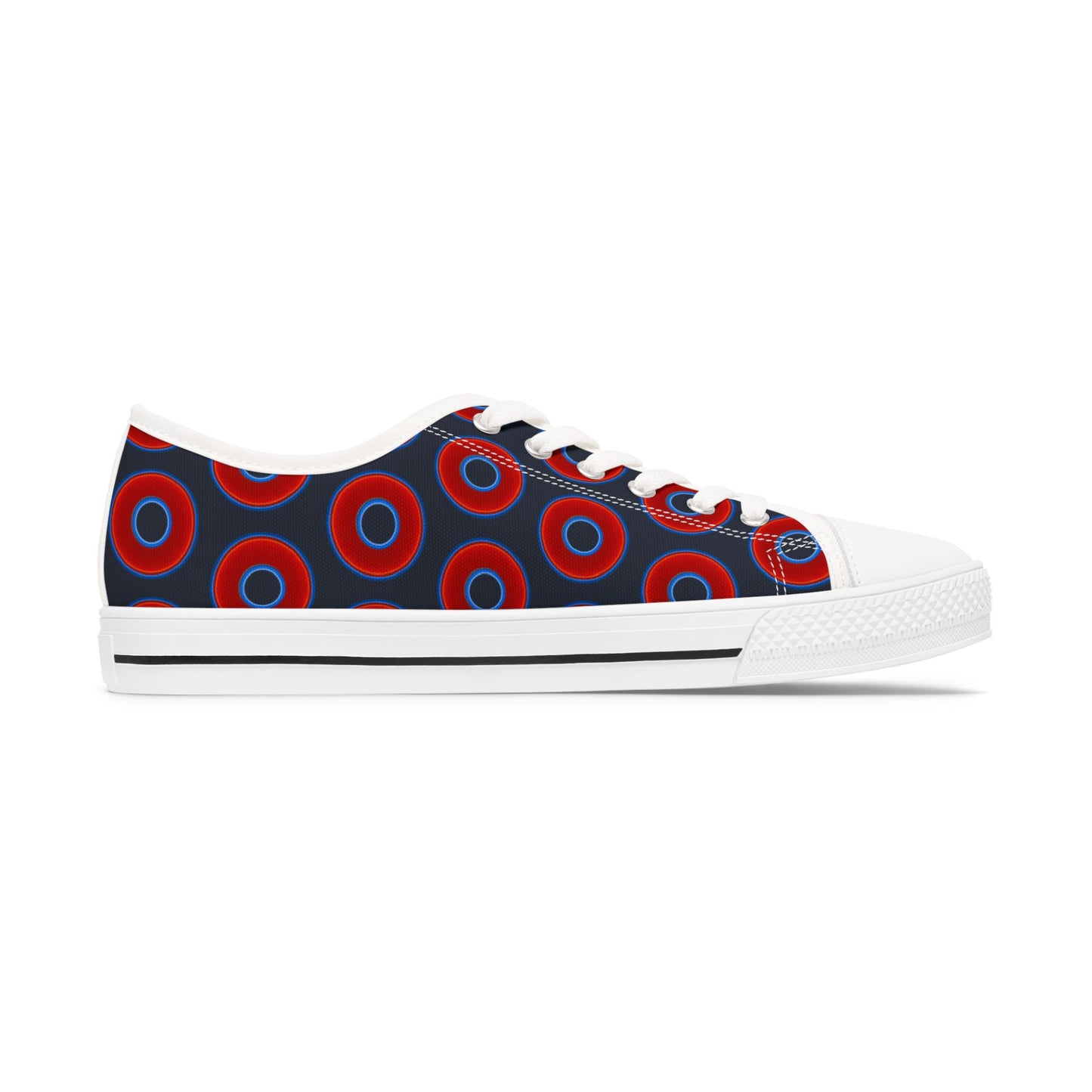 Women's - Low Top Chuck Taylors - large vivid red donut print w/dark teal elite background