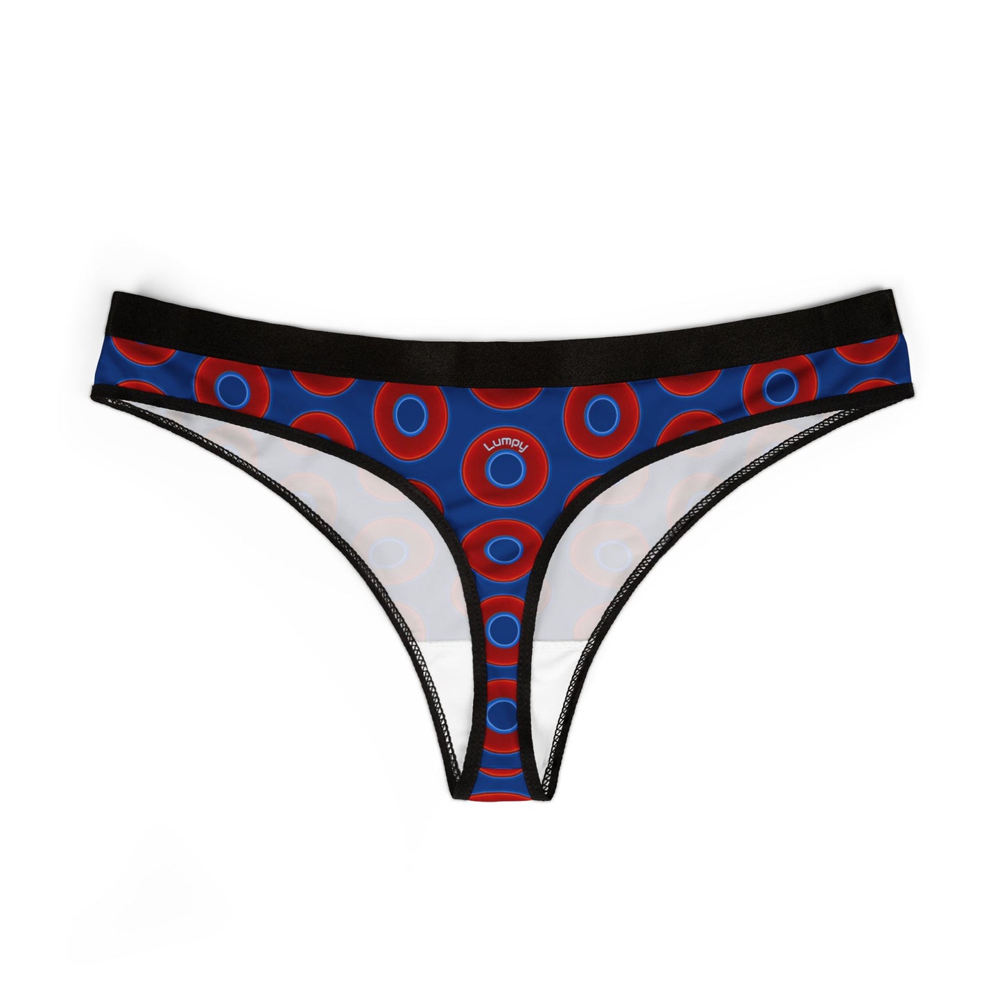Lumpy Donut Thongs - red vivid donut print w/dark blue background
