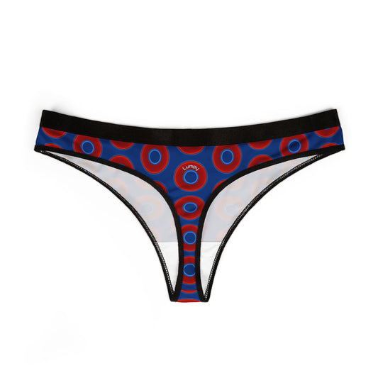 Lumpy Donut Thongs - red vivid donut print w/dark blue background