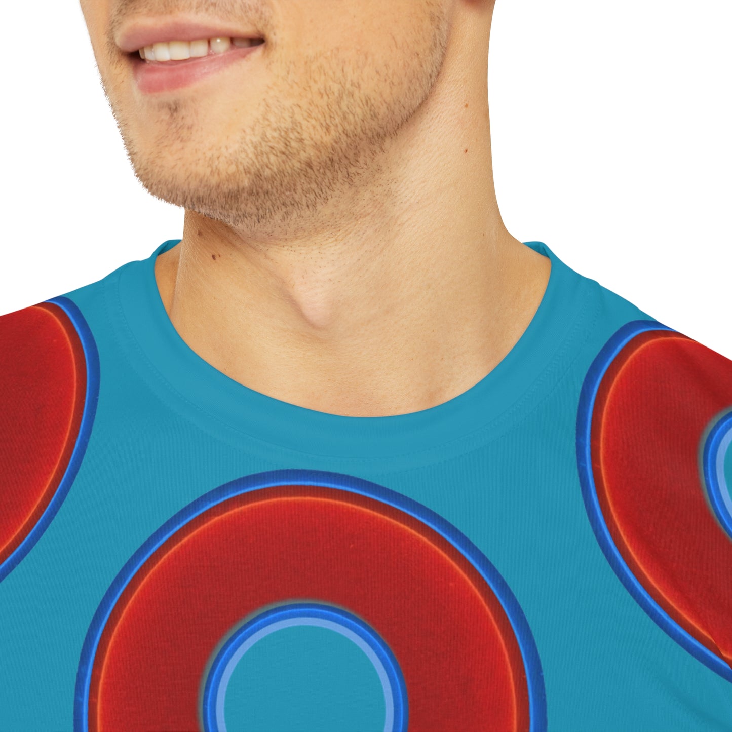 Multi-Beastie Giant Donut AOP Polyester Tee - red vivid donut print w/aquamarine blue background