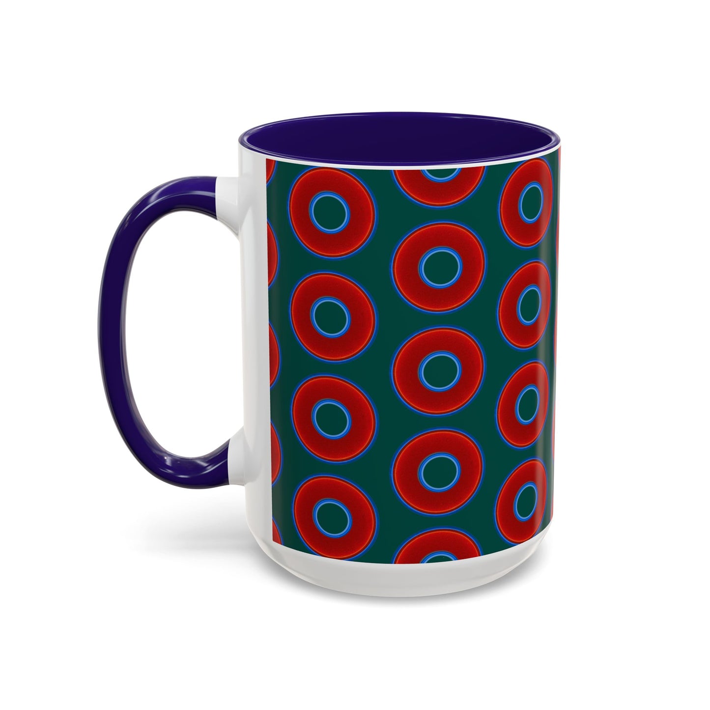Lump's Grumpy Coffee Mug - vivid red donuts w/dark Fenway green background