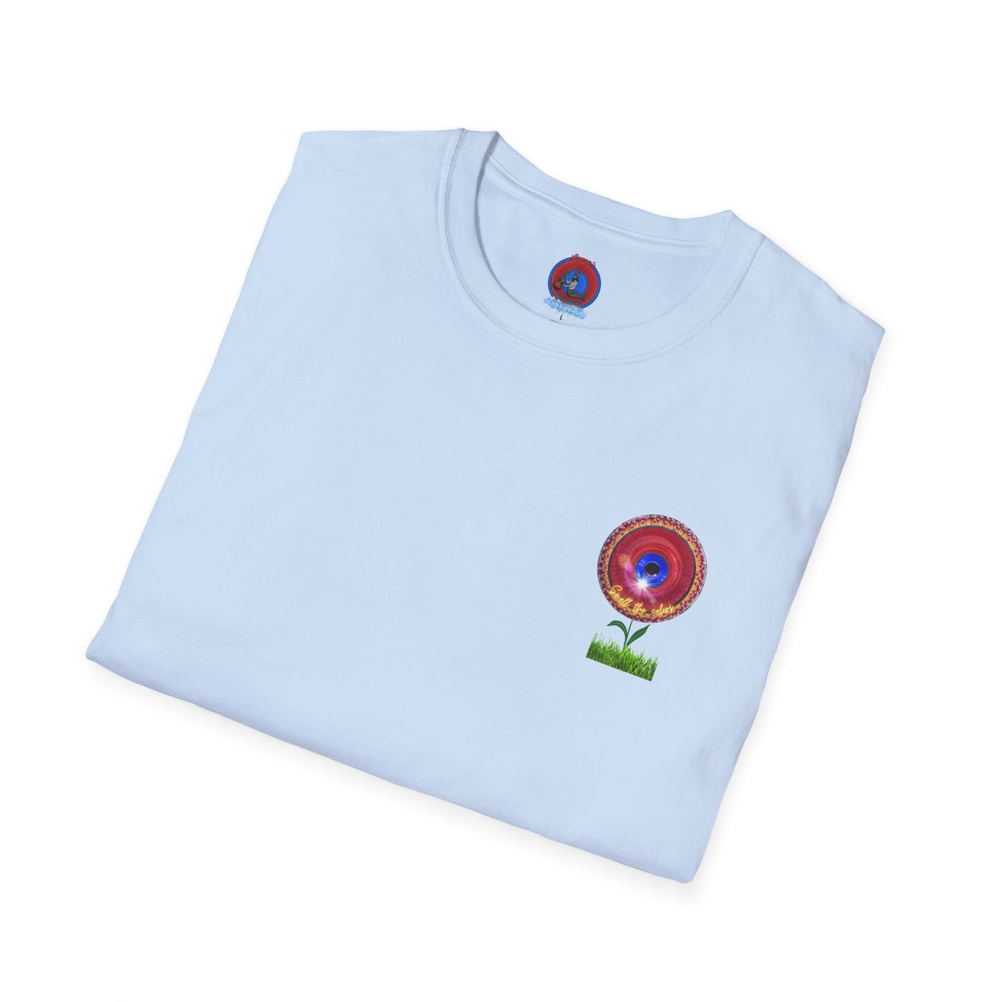 Classic Donut Tee - Unisex Soft-Style - "Smell the Donuts Outside on my Lawn"  " variant 2 - blue donut on red donut/flower