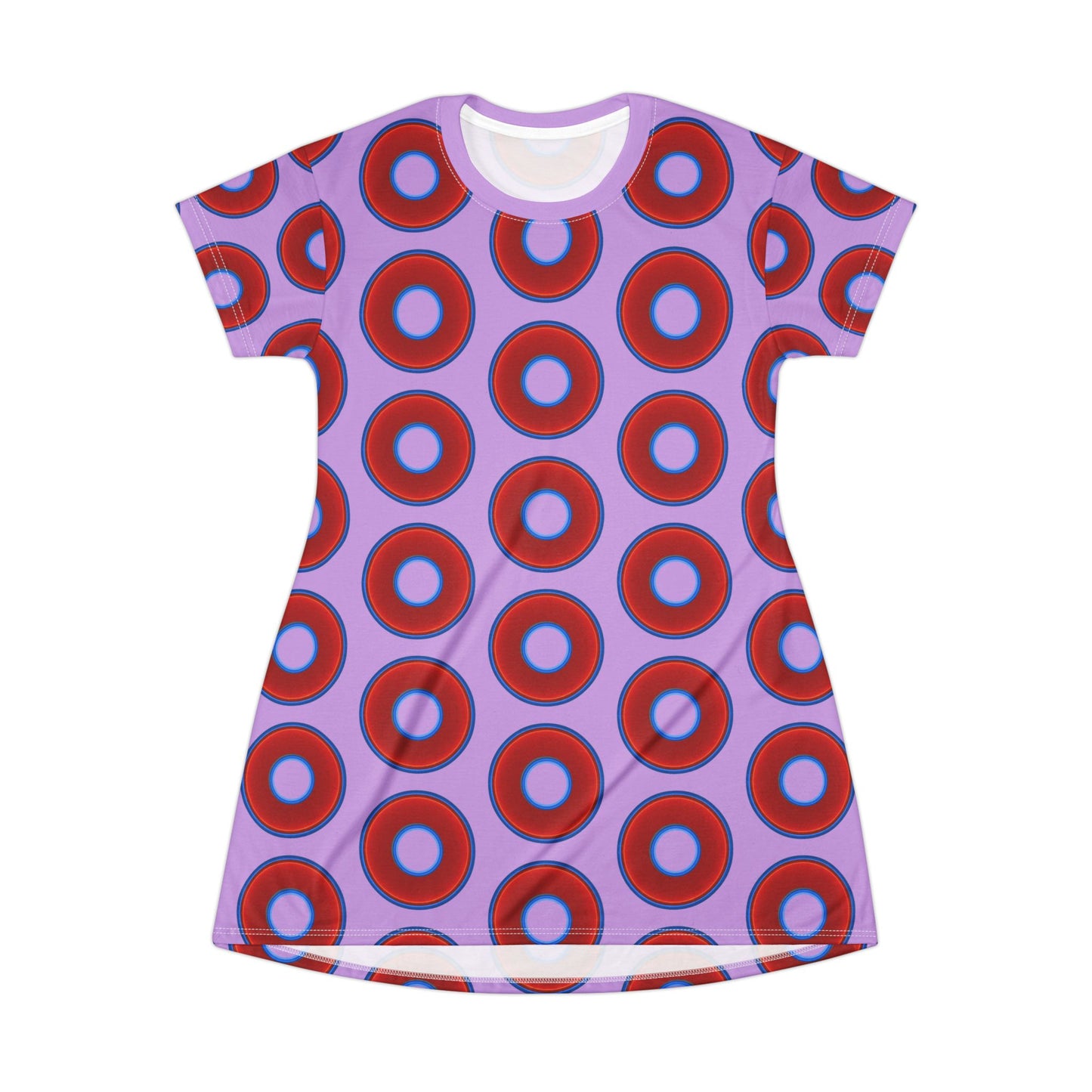 Not a Muumuu AOP Tee Shirt Dress - red vivid donuts w/wisteria purple background